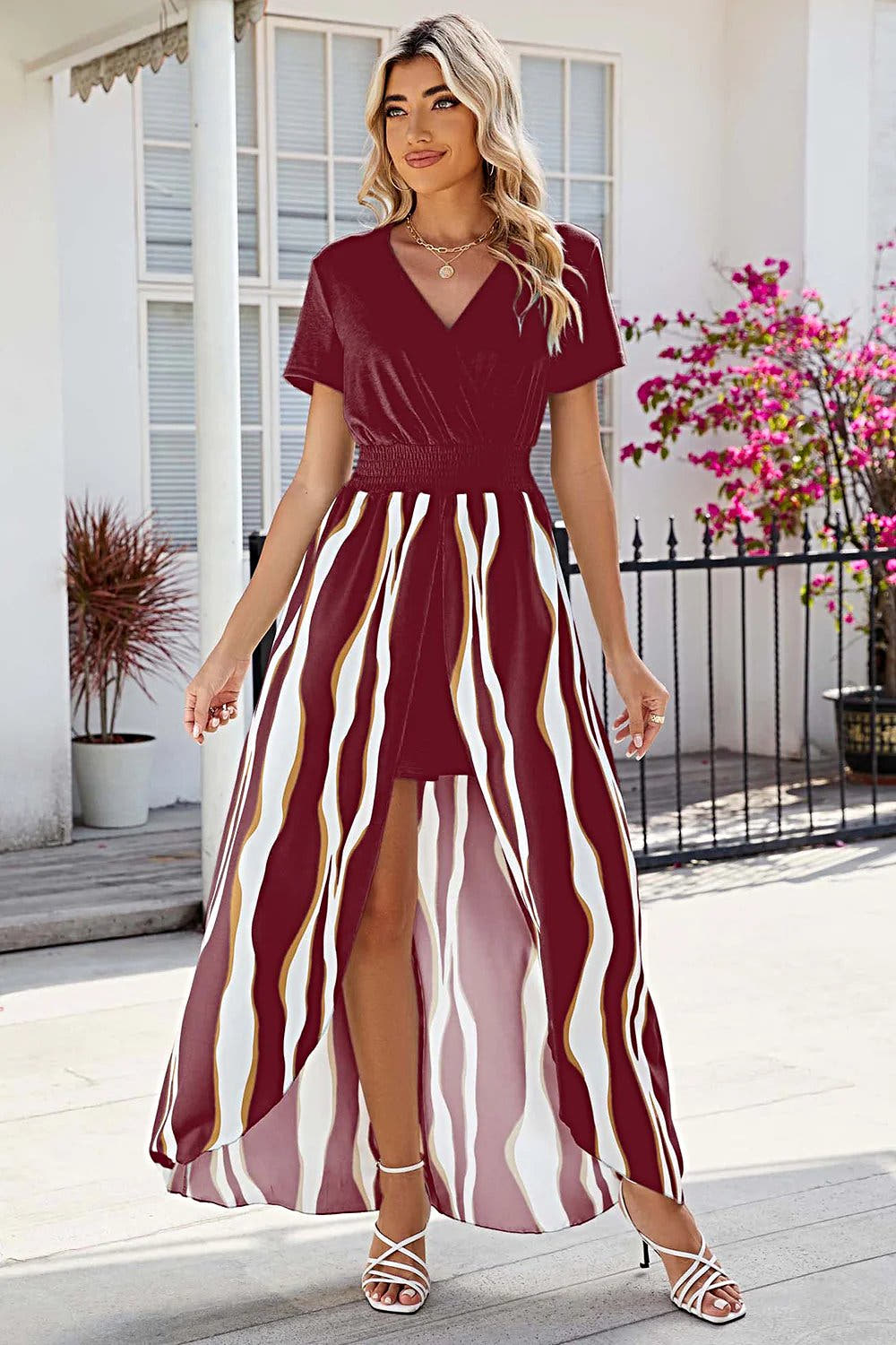 Sleek Smocked Surplice Dress With High-Low Hemline - Opaque, Slightly Stretchy, Imported Elegance Trendsi