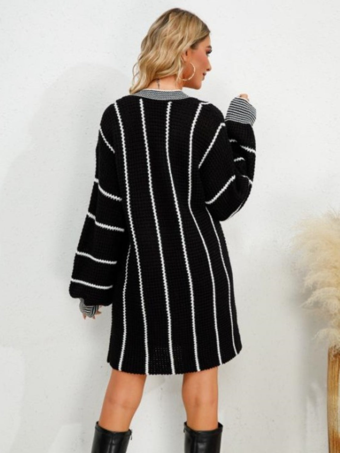 Striped V-Neck Long Sleeve Mini Dress -