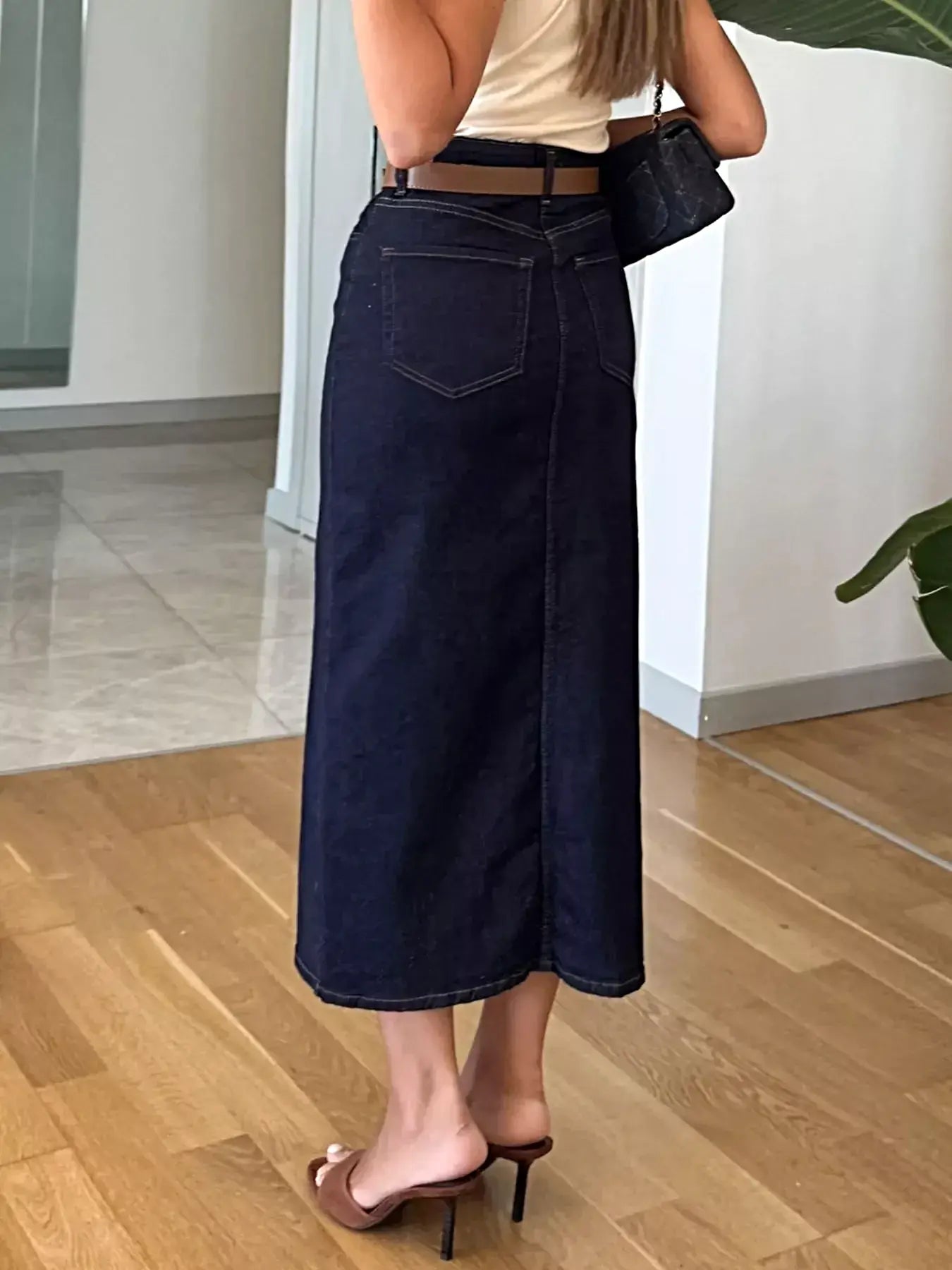 Slit Front Denim Skirt -