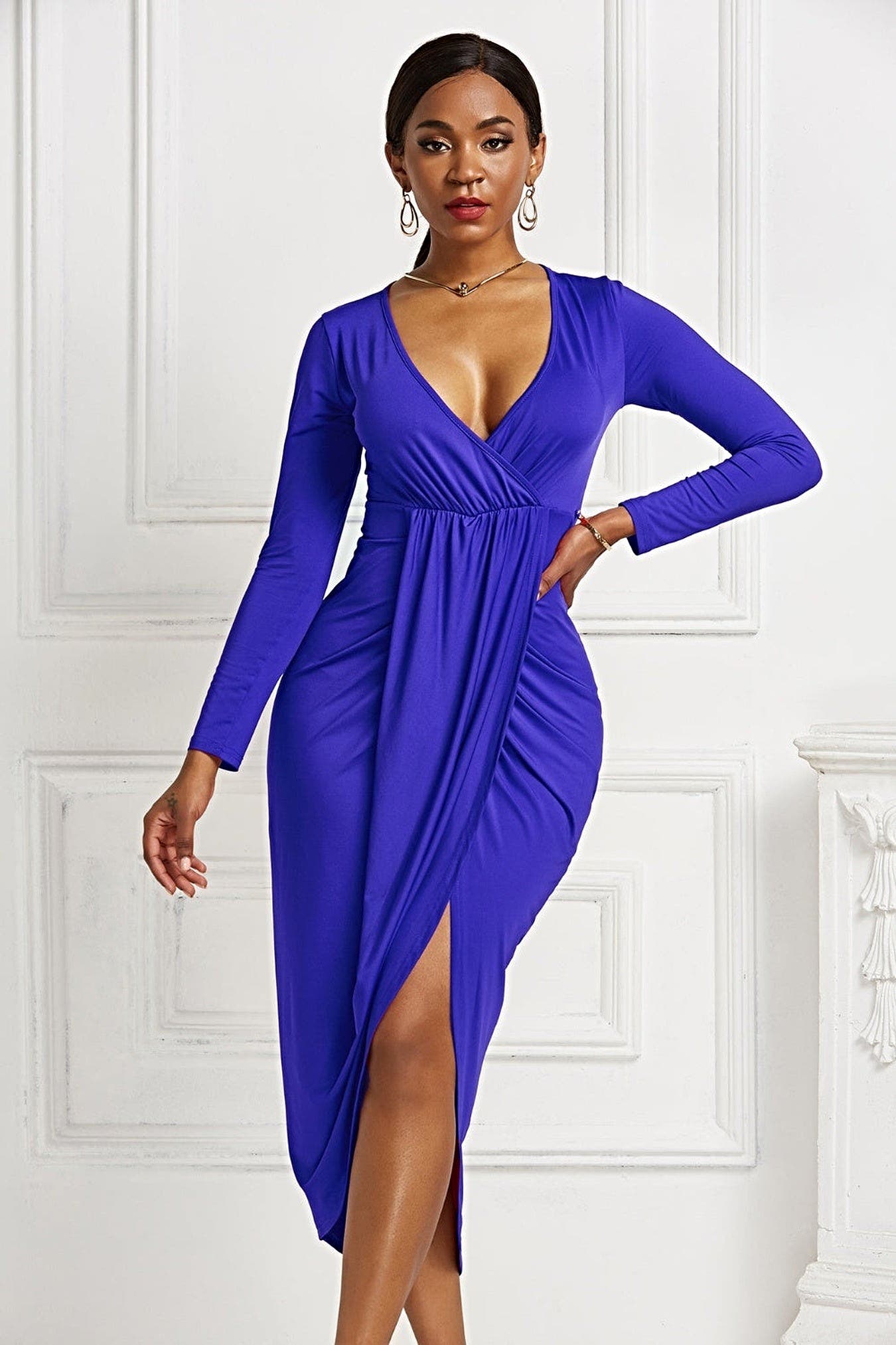 High-low Ruched Surplice Long Sleeve Dress -