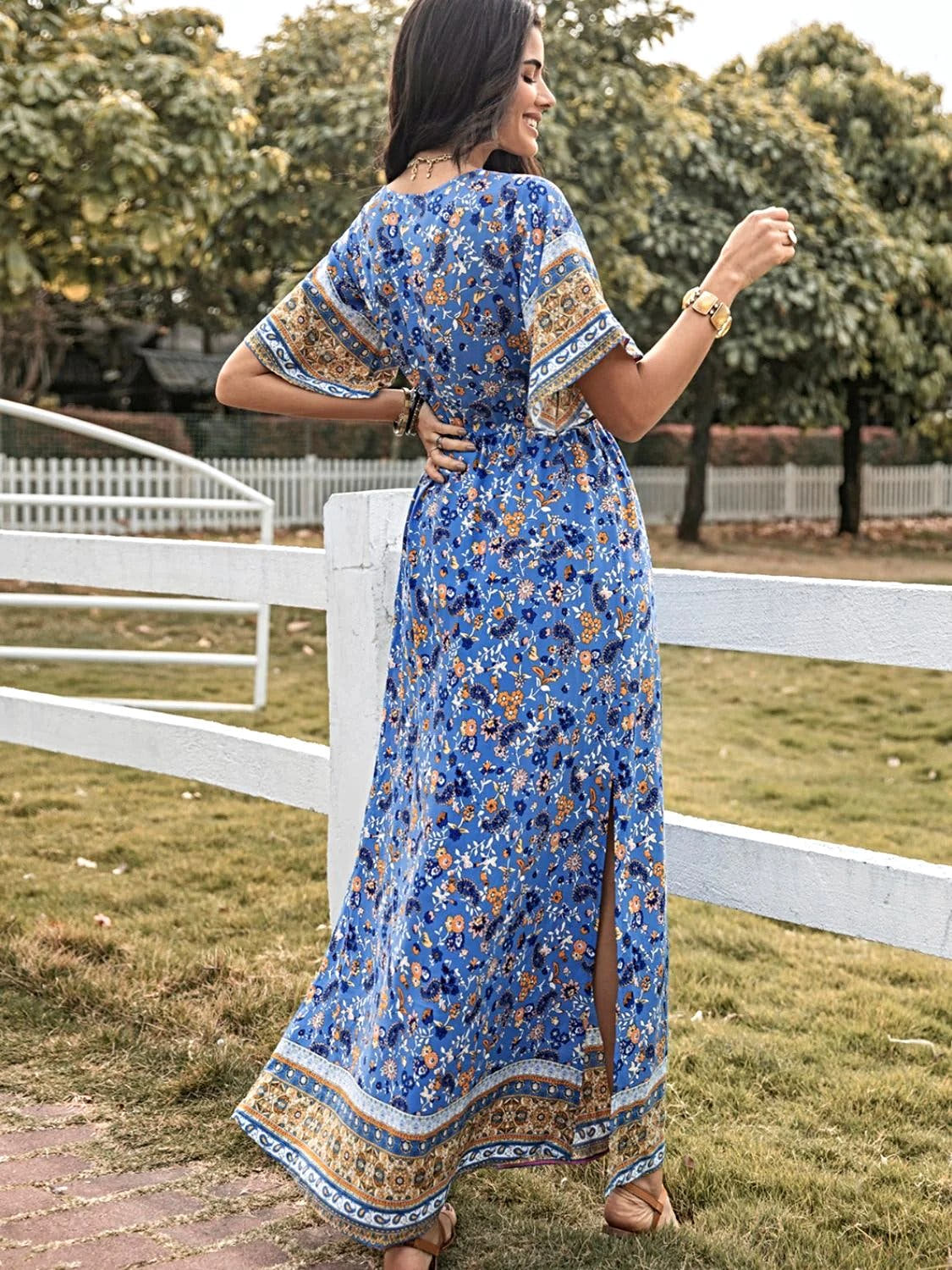 Elegant Printed Half Sleeve Dress with Slit - V-Neck Maxi Style in 100% Viscose Trendsi