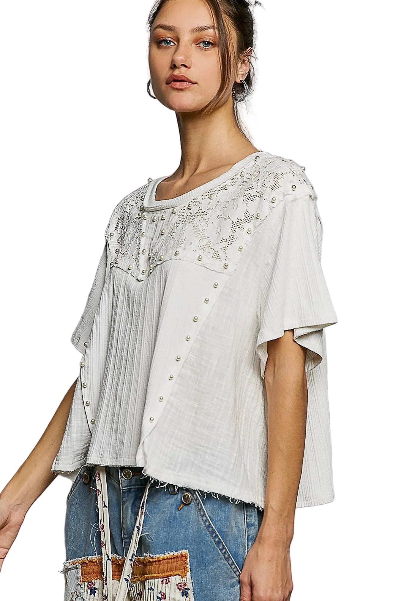 POL Lace Pearl Stud Round Neck Short Sleeve Shirt -