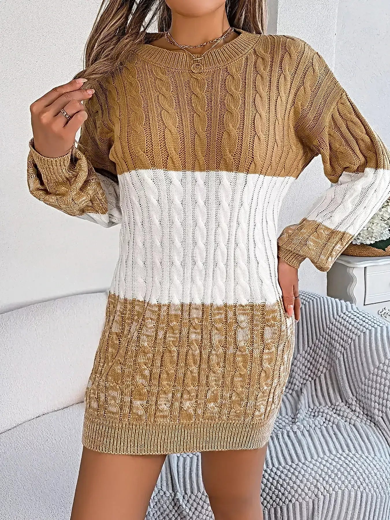 Color Block Cable Knit Sweater Dress with Textured Pattern -