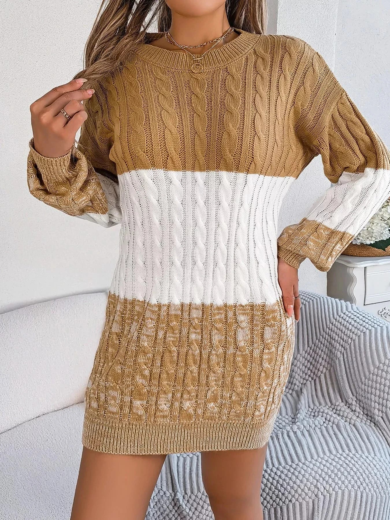 Color Block Cable Knit Sweater Dress with Textured Pattern -