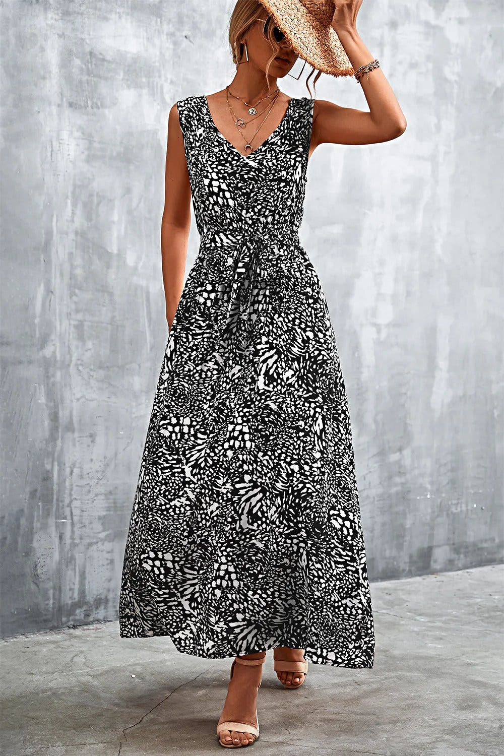 Printed V-Neck Tie Waist Maxi Dress -