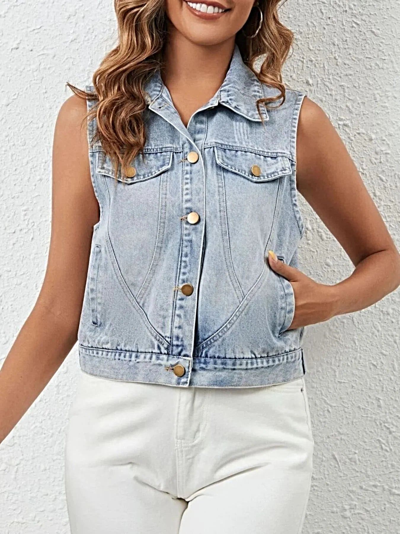 Sleeveless Button Up Denim Jacket -