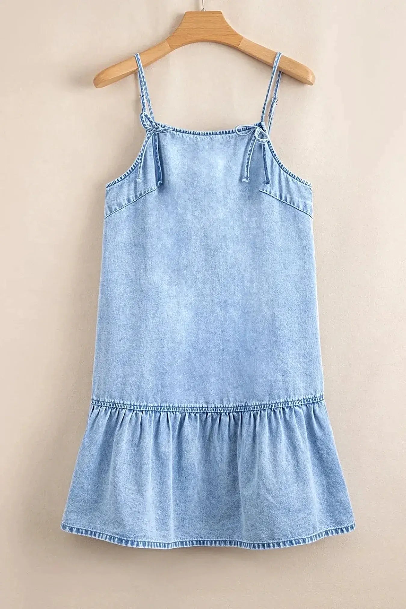 Bow Detail Spaghetti Straps Ruffle Hem Denim Dress -