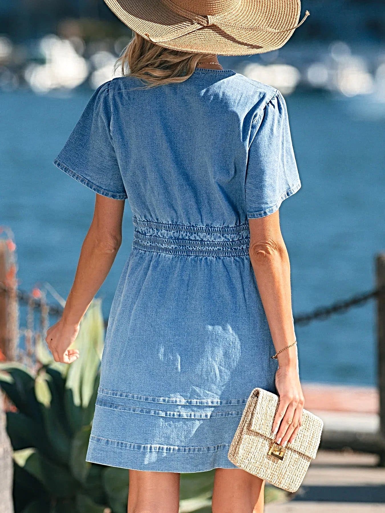 Notched Short Sleeve Denim Dress -