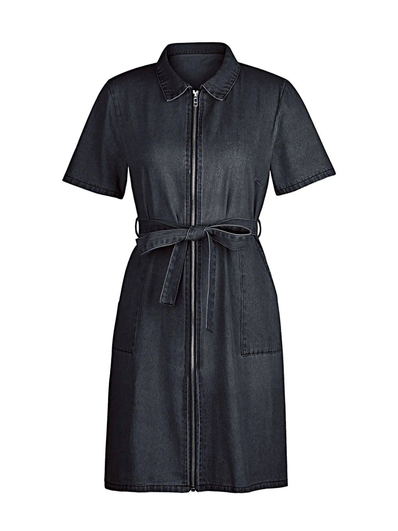Zip Front Short Sleeve Denim Dress -