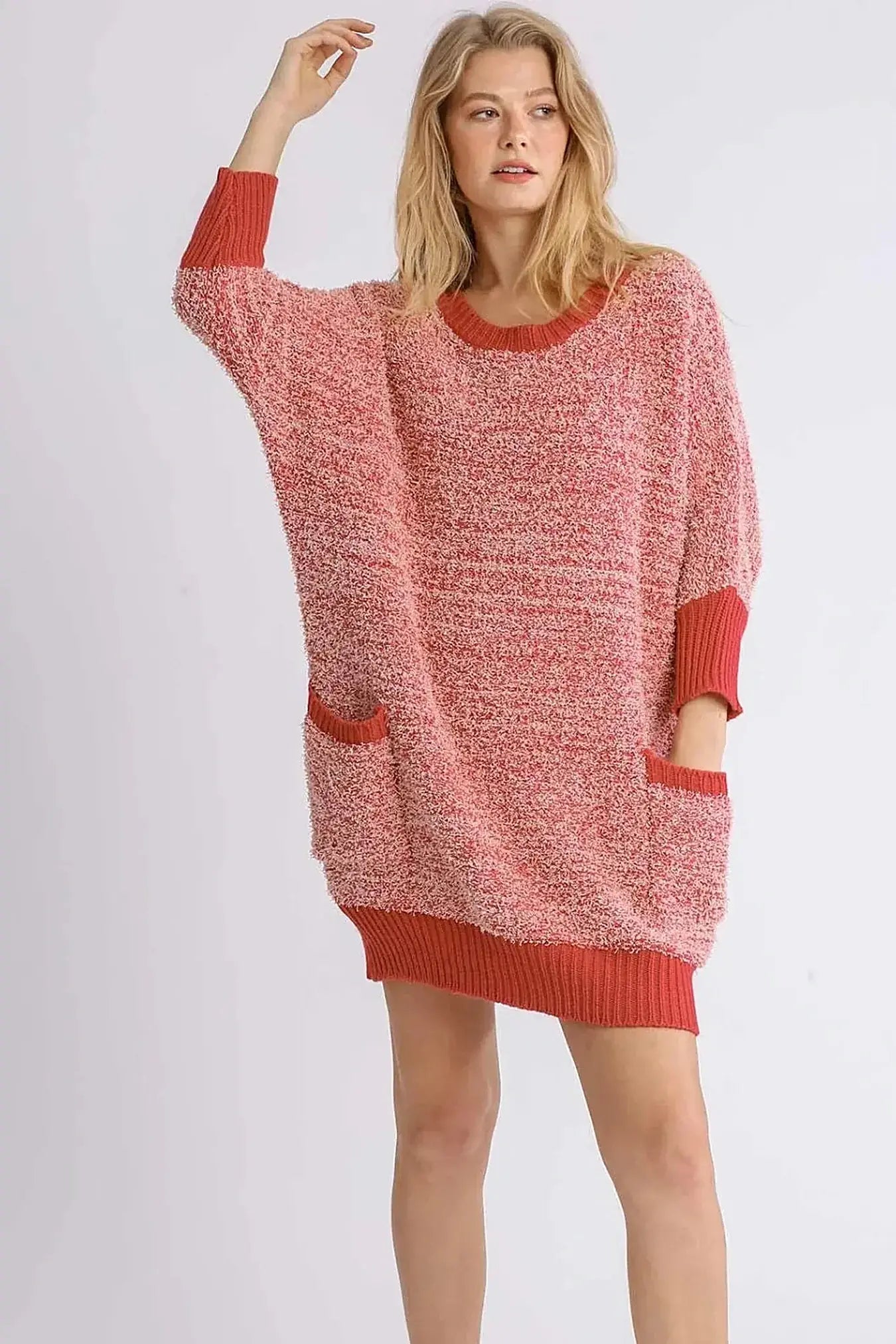 Ribbed Hem Round Neck 3/4 Sleeve Sweater Dress with Pockets -