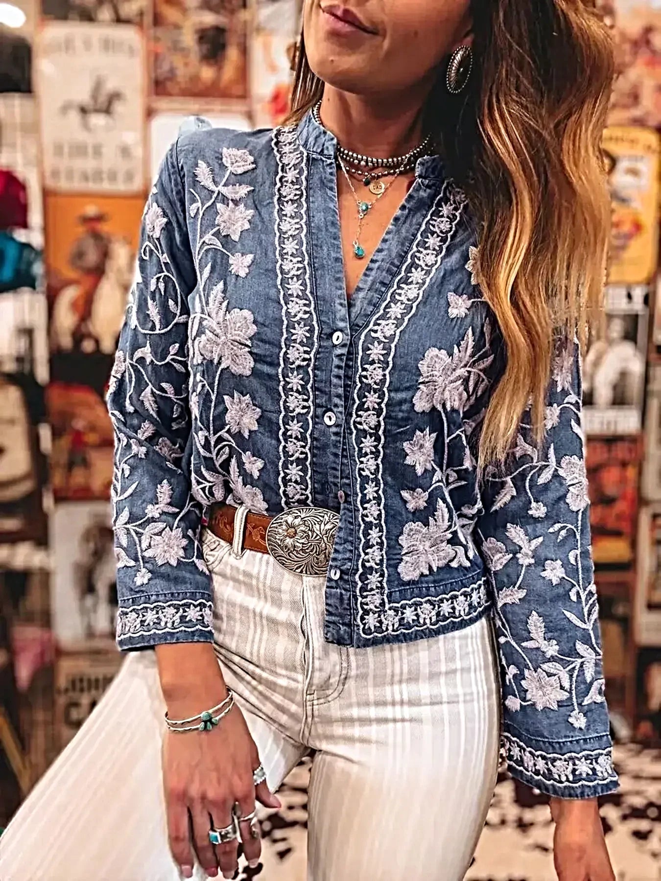 Floral Embroidered Button Up Denim Shirt