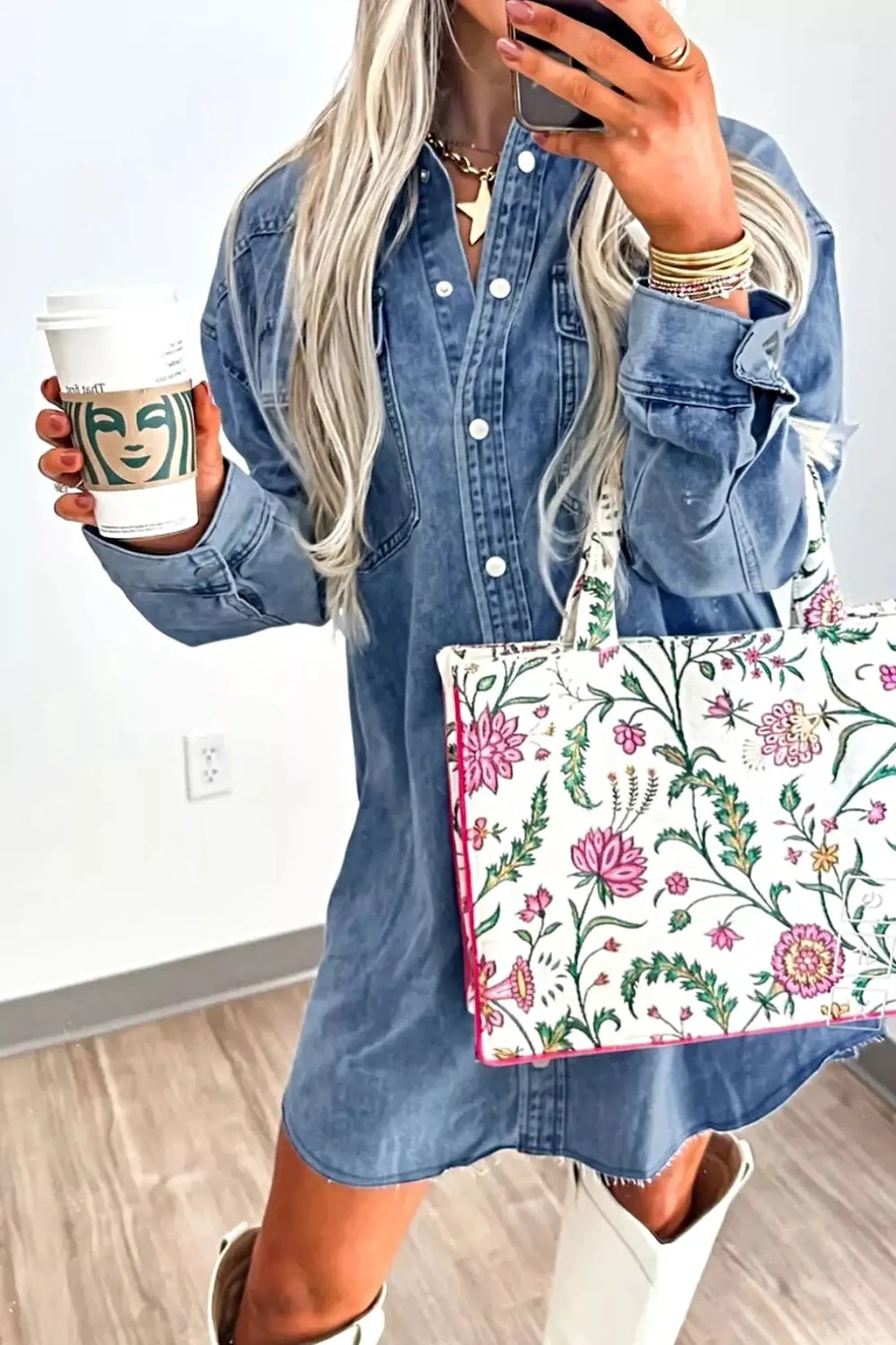Vintage Wash Button-Down Denim Dress -