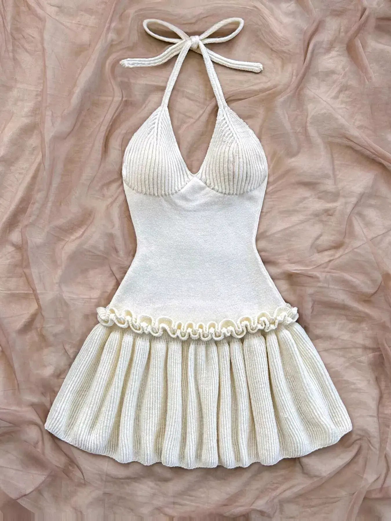 Halter Neck Ruffle Hem Knit Sweater Dress -