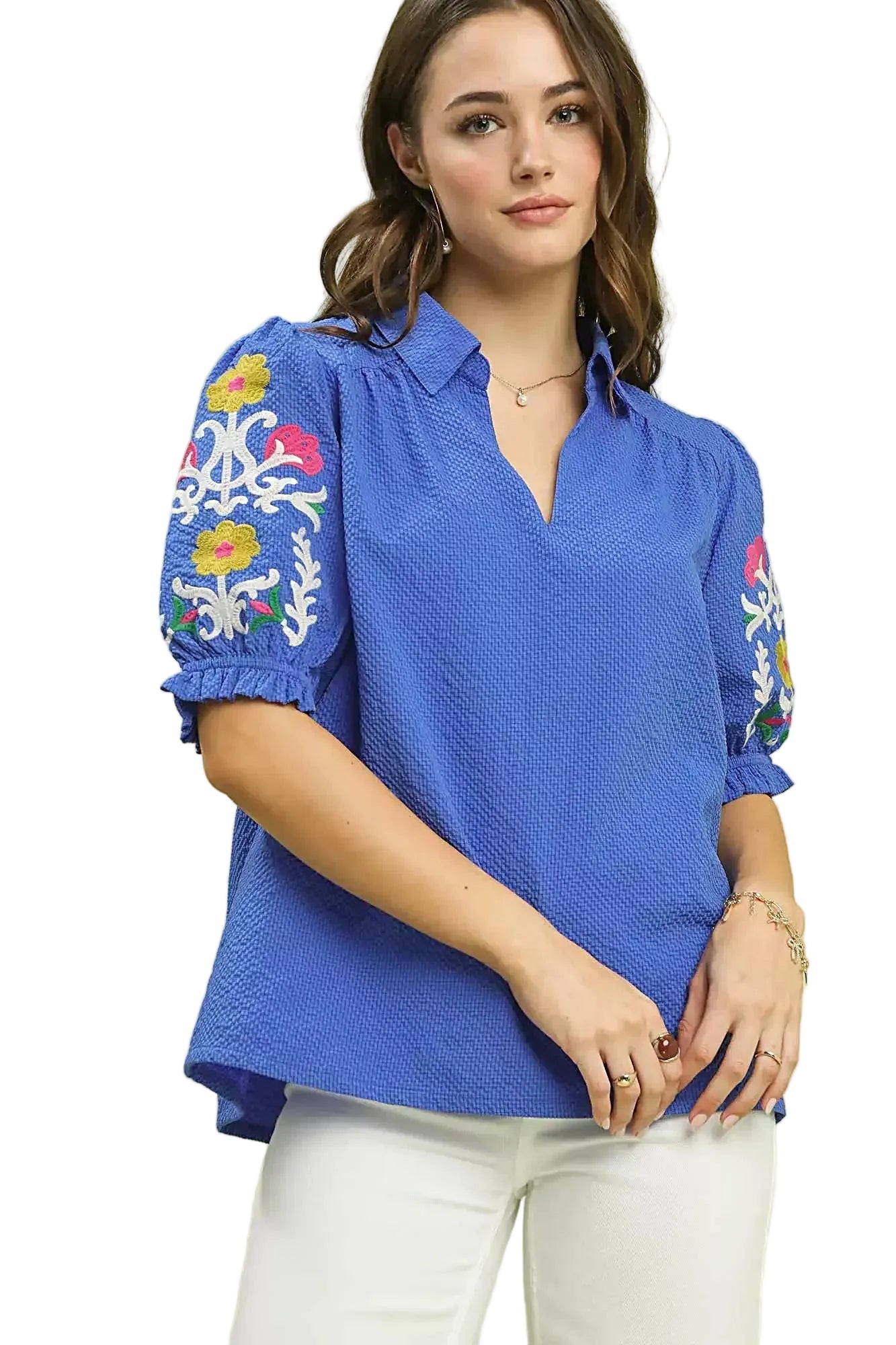 Umgee Seersucker Embroidered Sleeve Blouse -