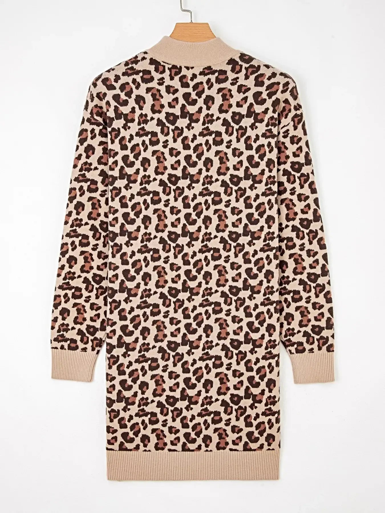 Leopard Print High Neck Shift Mini Sweater Dress -