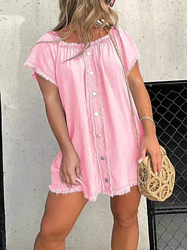 Full Size Off-Shoulder Button-Down Frayed Denim Dress Plus Size -