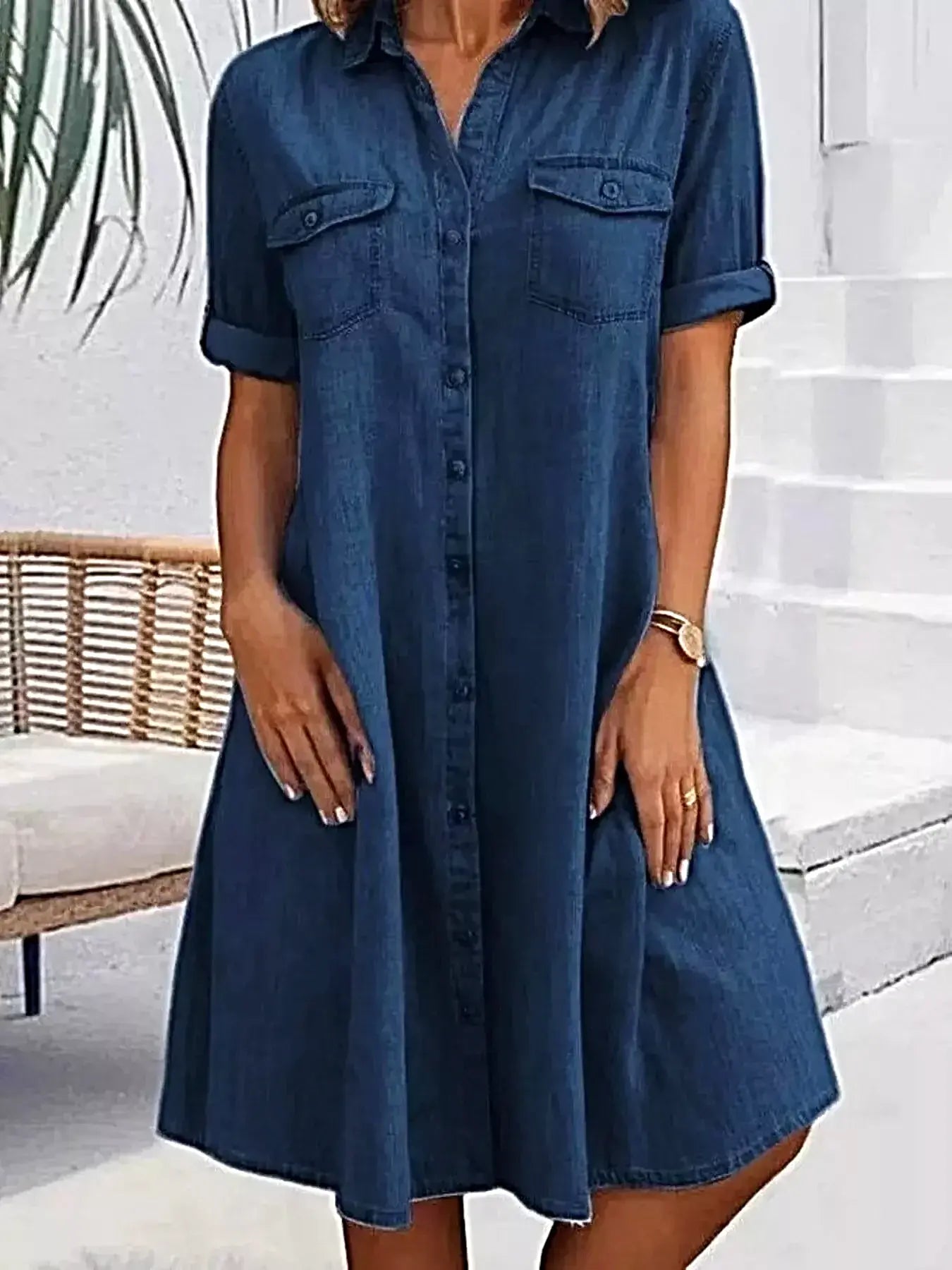 Full Size Button-Front Short Sleeve Denim Dress Plus Size -