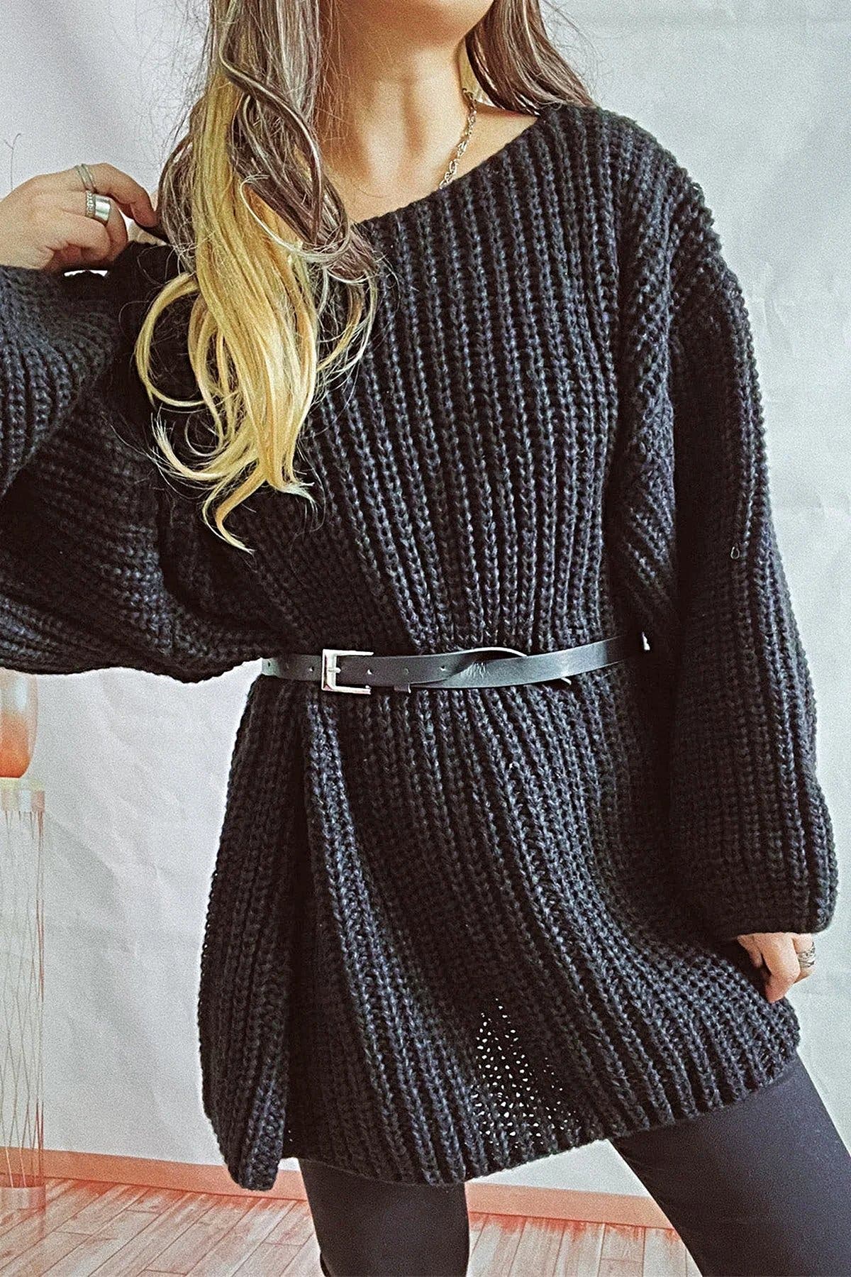 Boat Neck Dropped Shoulder Mini Sweater Dress -
