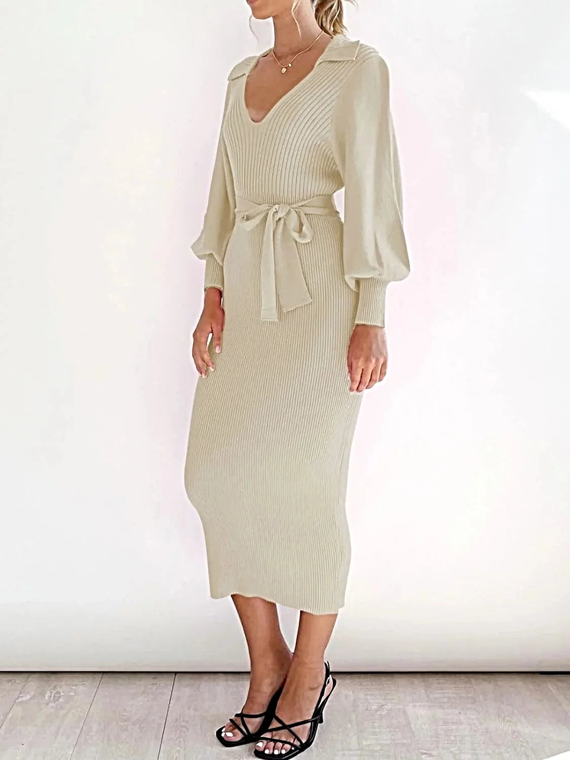Perfee Tied Long Sleeve Wrap Sweater Dress -