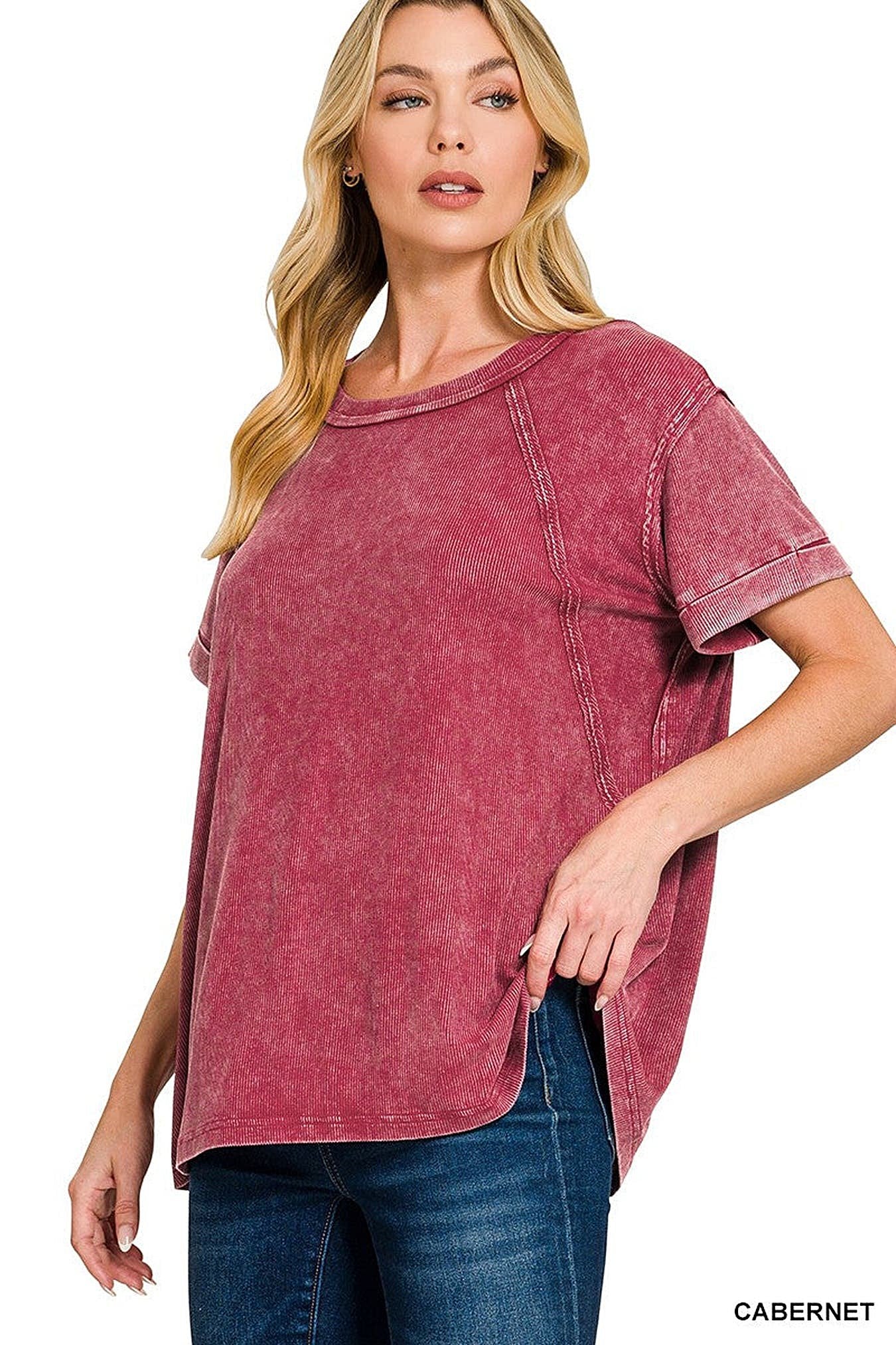 Zenana Washed Ribbed Cuffed Short Sleeve Round Neck Top -