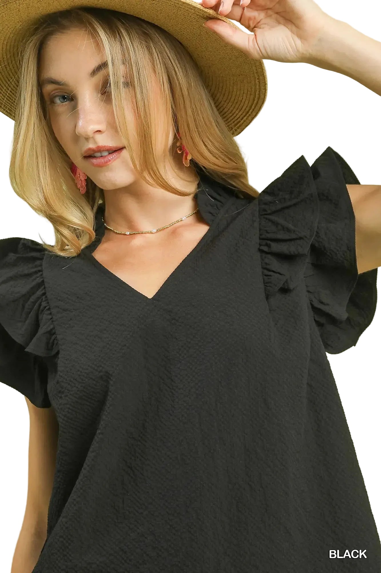 Umgee Textured Ruffle Sleeve V-Neck Blouse -