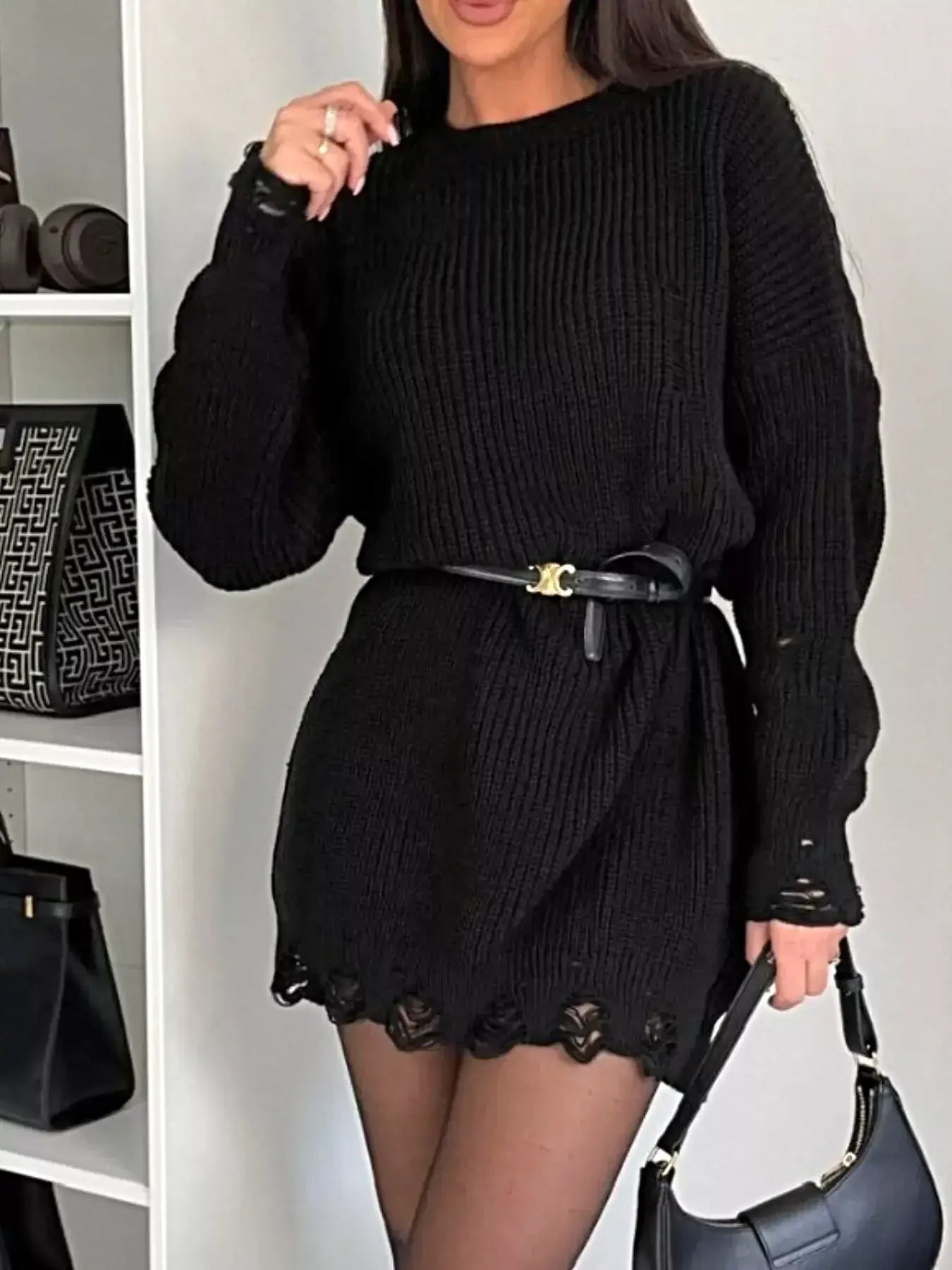 Distressed Round Neck Drop Shoulder Sweater Dress -