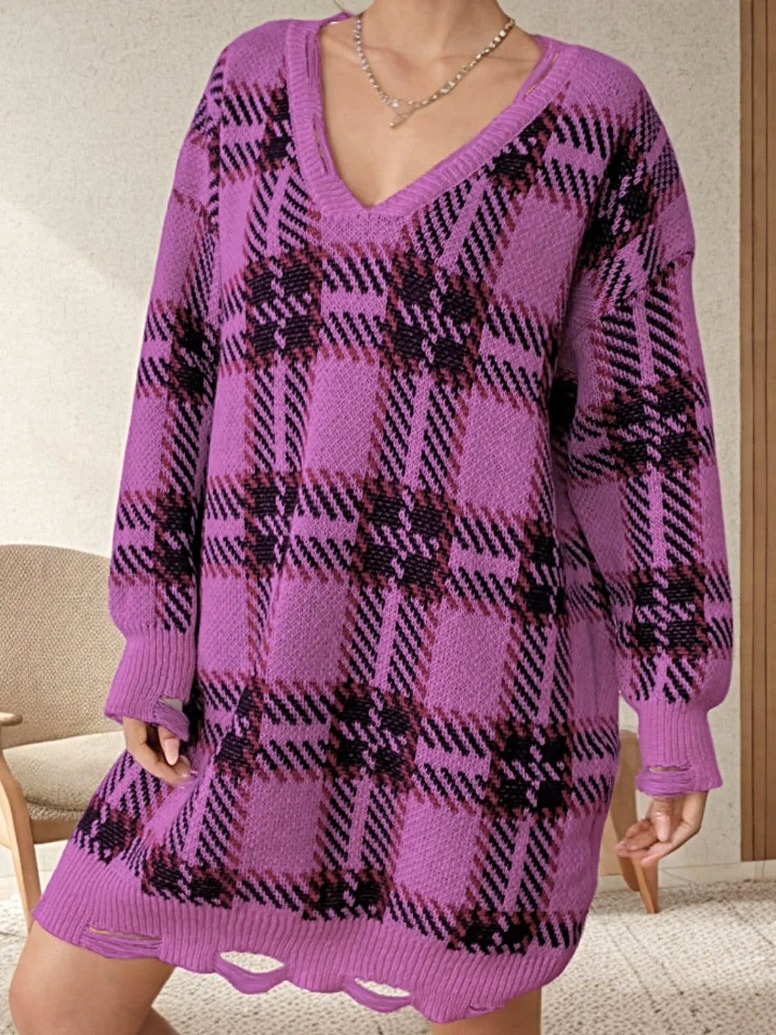 Distressed Plaid Sweater Dress with V-Neck and Long Sleeves - Trendy Comfort in One Size Trendsi