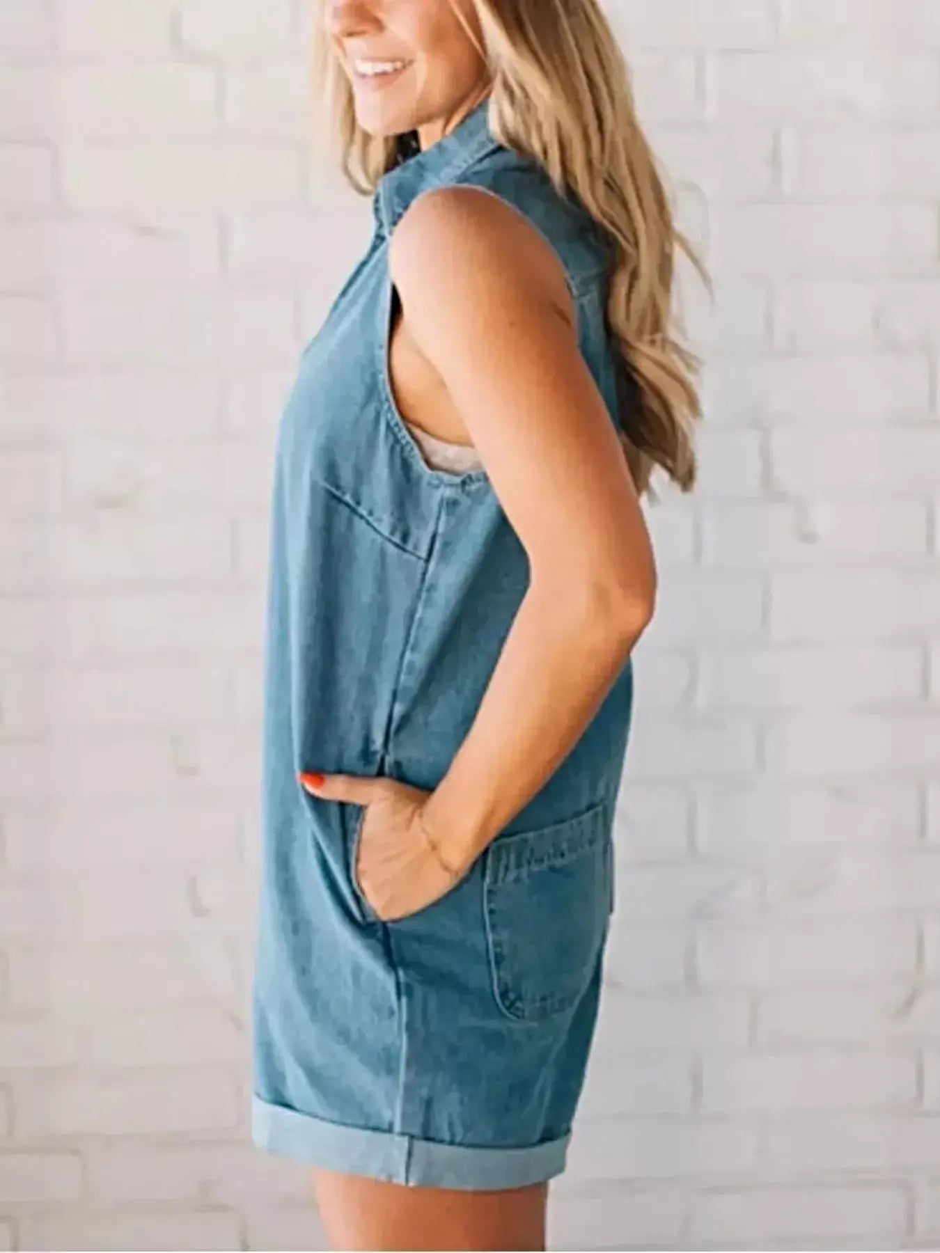 Sleeveless Zip-Up Denim Romper -
