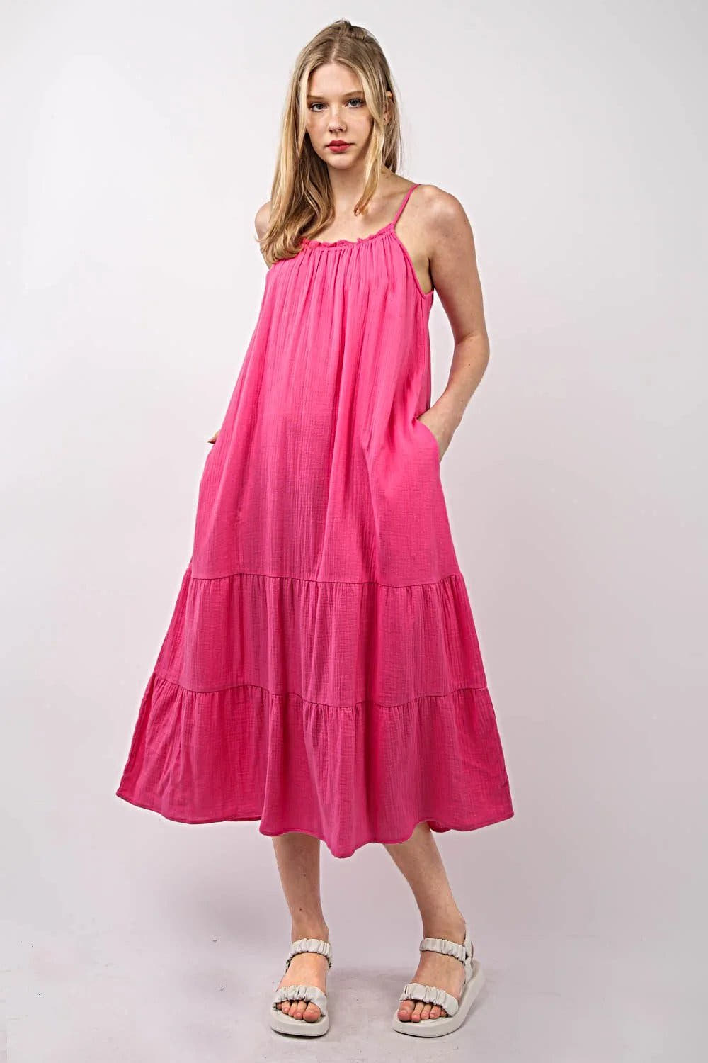 Elegant Ruffled A-Line Midi Dress with Sleeveless Design and Side Pockets, 100% Cotton Trendsi