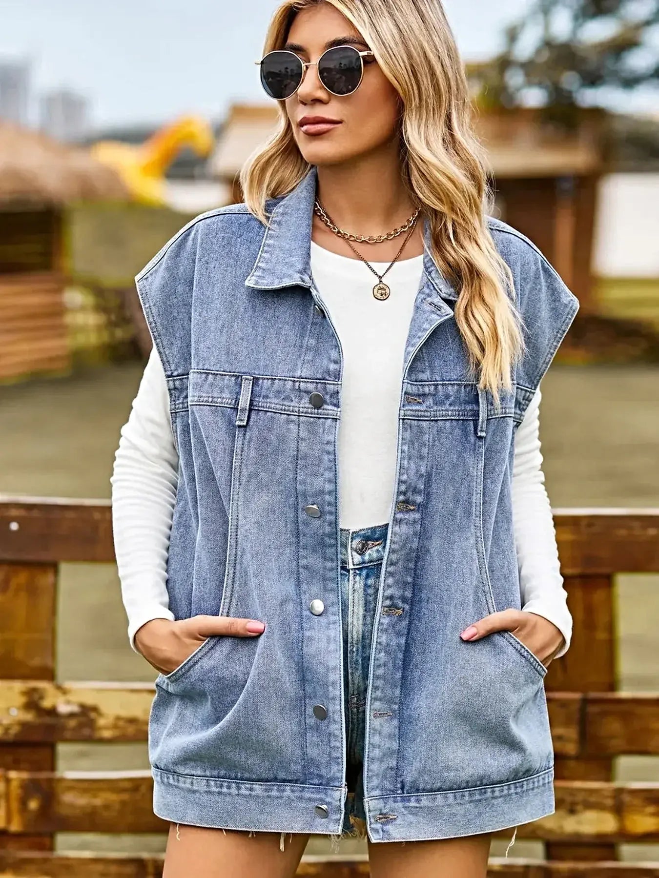 Button Up Collared Neck Sleeveless Denim Jacket -