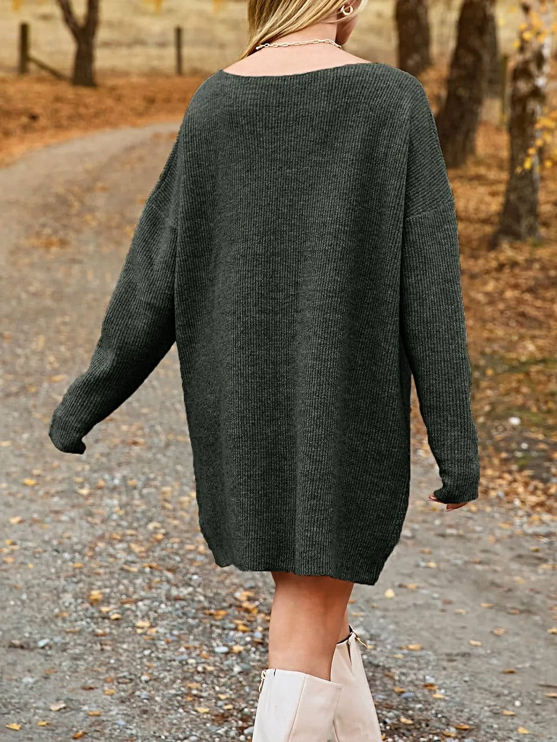 V-Neck Dropped Shoulder Sweater Dress -