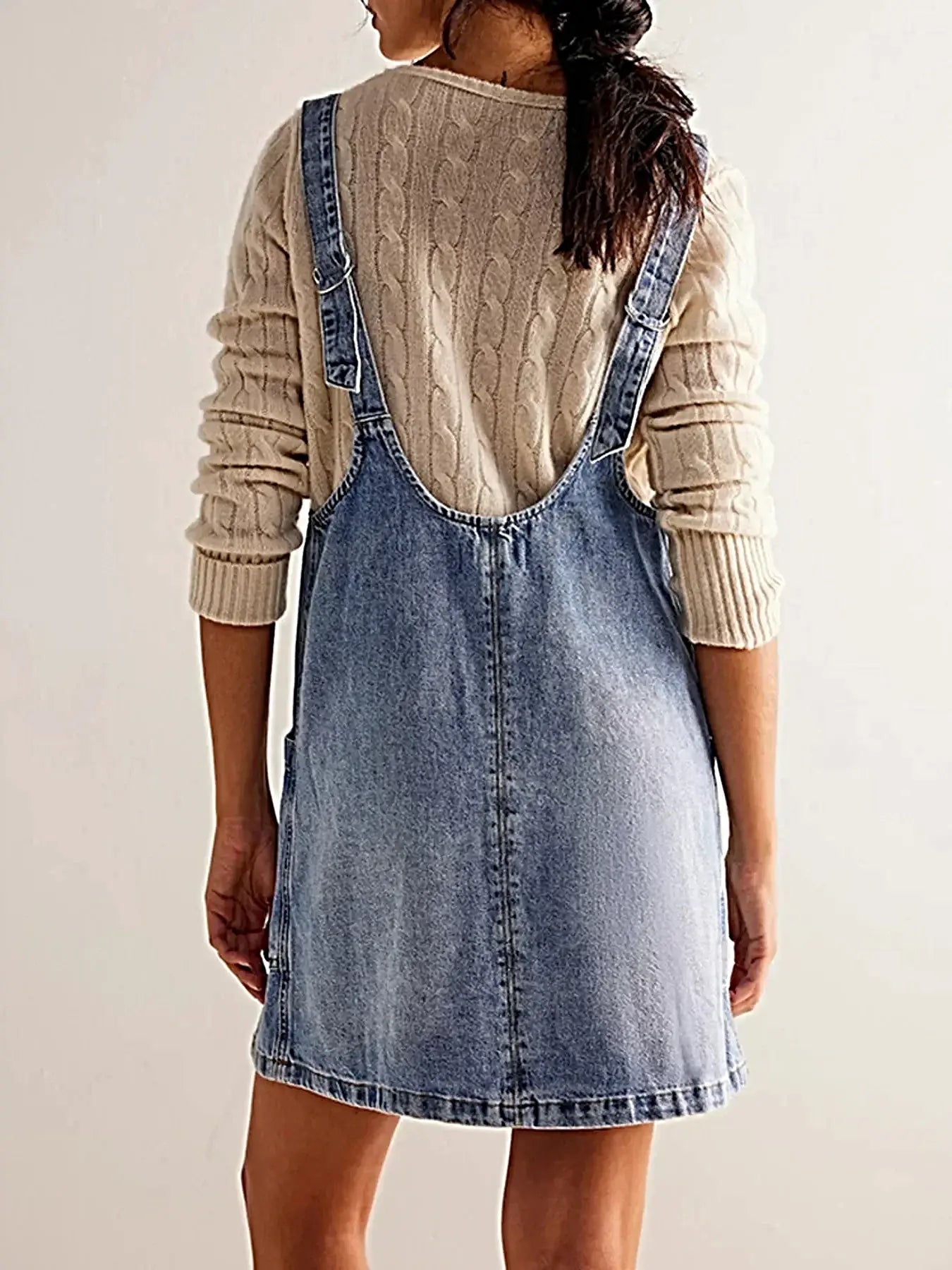 Oversized V-Neck Denim Tank Dress with Front Pockets -