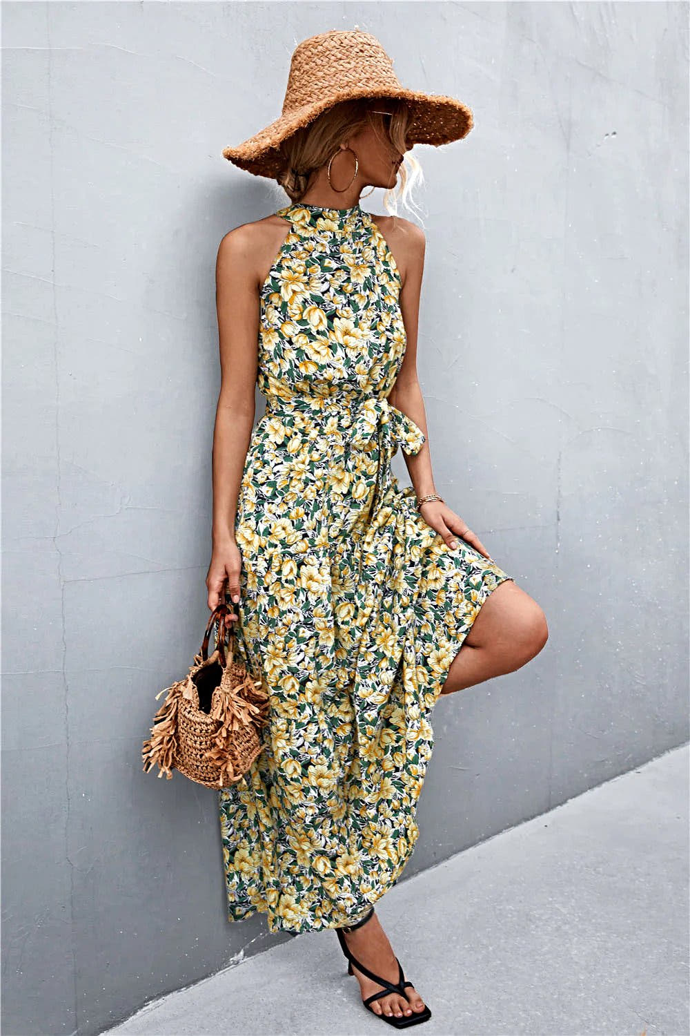 Grecian Printed Tie Waist Maxi Dress with Sleeveless Design and Polka Dot Floral Pattern Trendsi