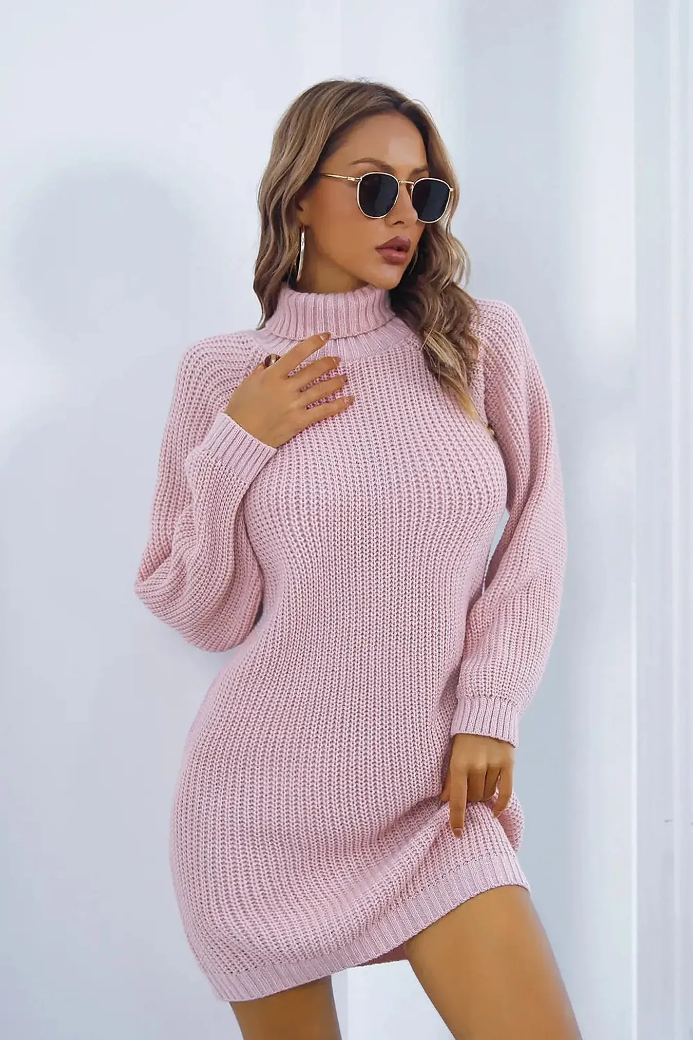 Buttoned Turtleneck Long Sleeve Sweater Dress -