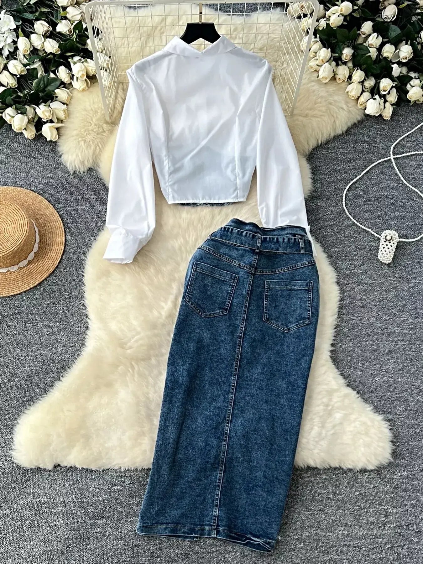 Frayed Denim Patchwork Top & Slit Maxi Skirt Denim Set -