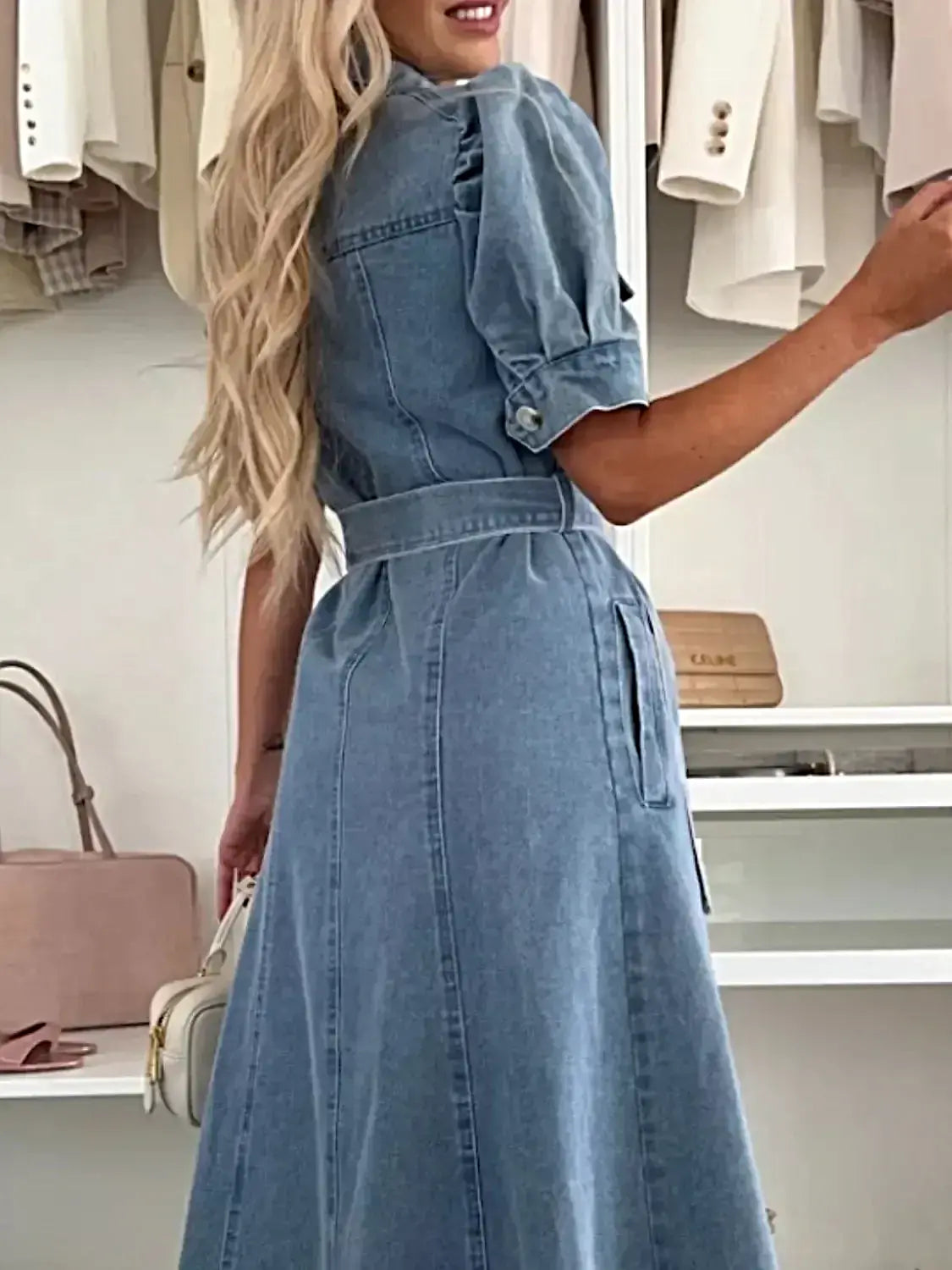 Elegant Puff Sleeve Button Down Belted Denim Midi Dress with Pockets -
