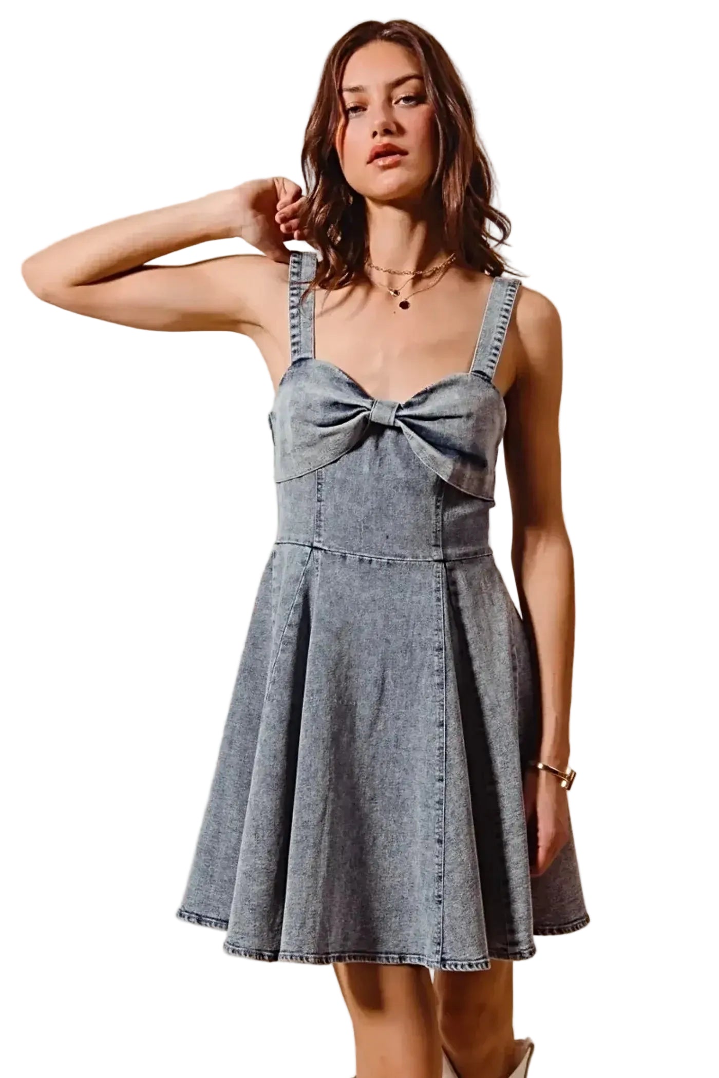 SO ME Mineral Washed Bow Ribbon Denim Flare Dress -