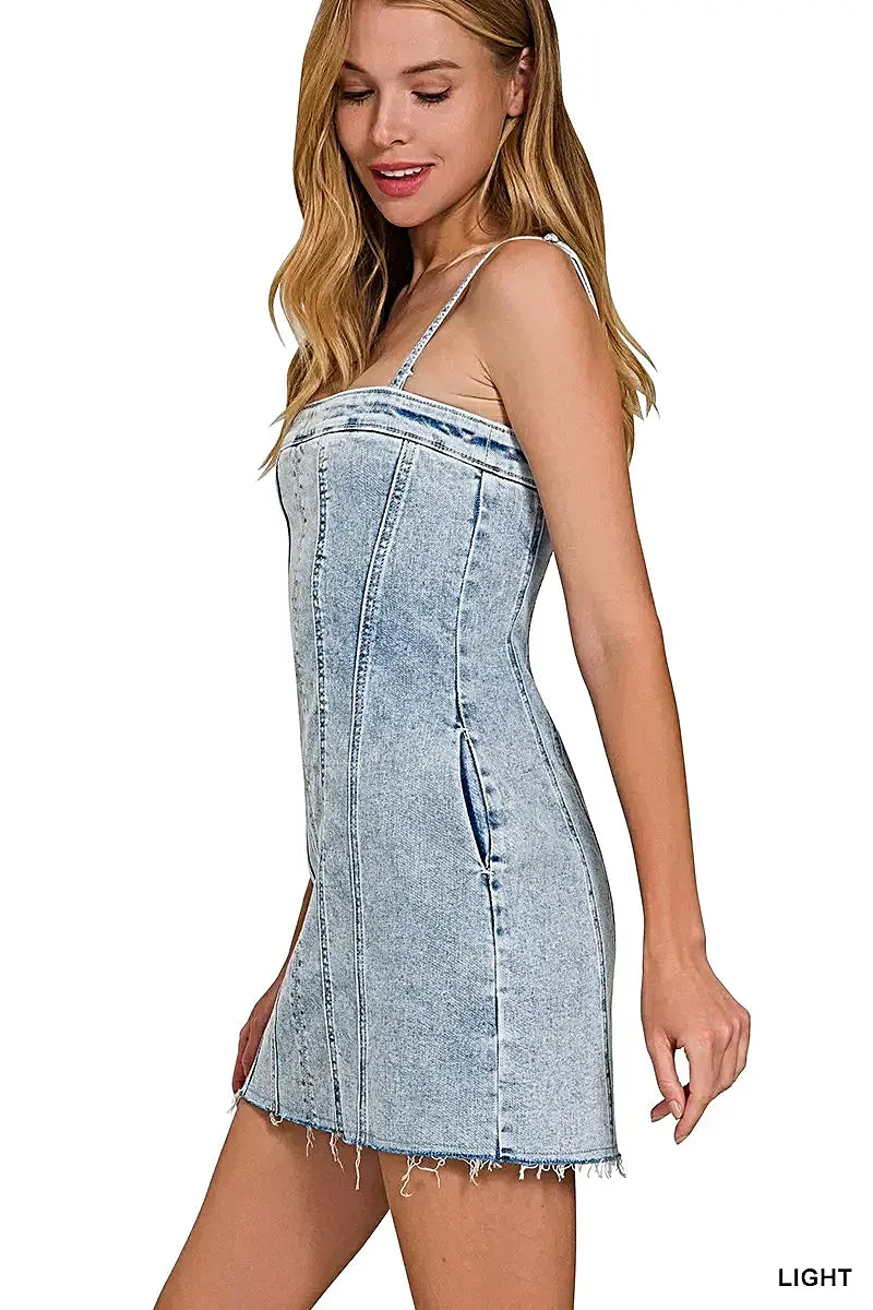 Zenana Spaghetti Strap Exposed Seam Light-Wash Dress -