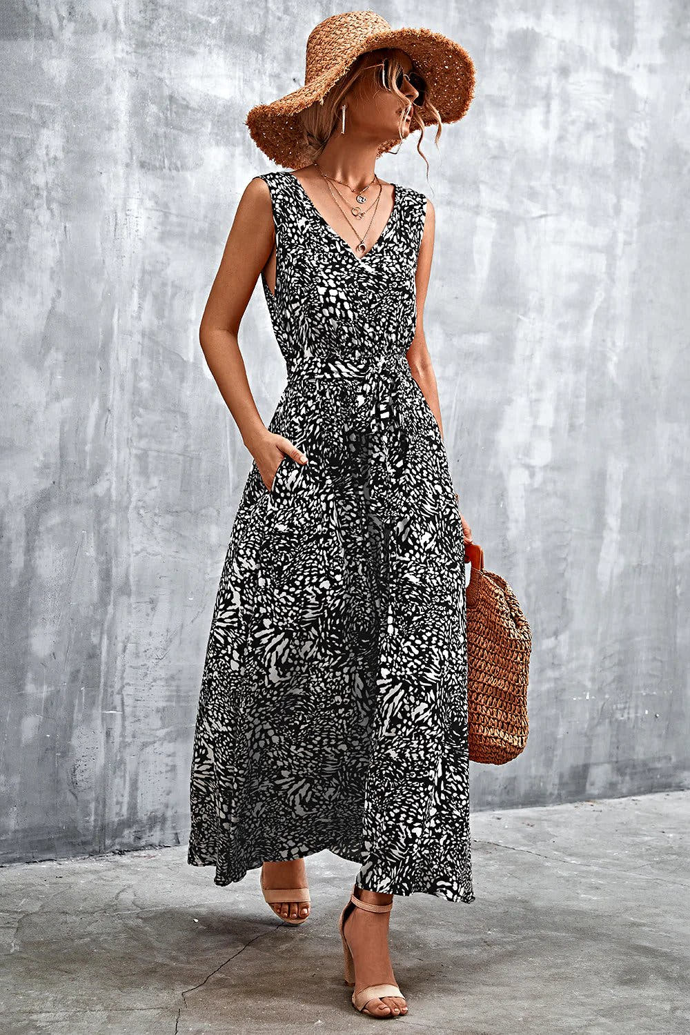 Printed V-Neck Tie Waist Maxi Dress -
