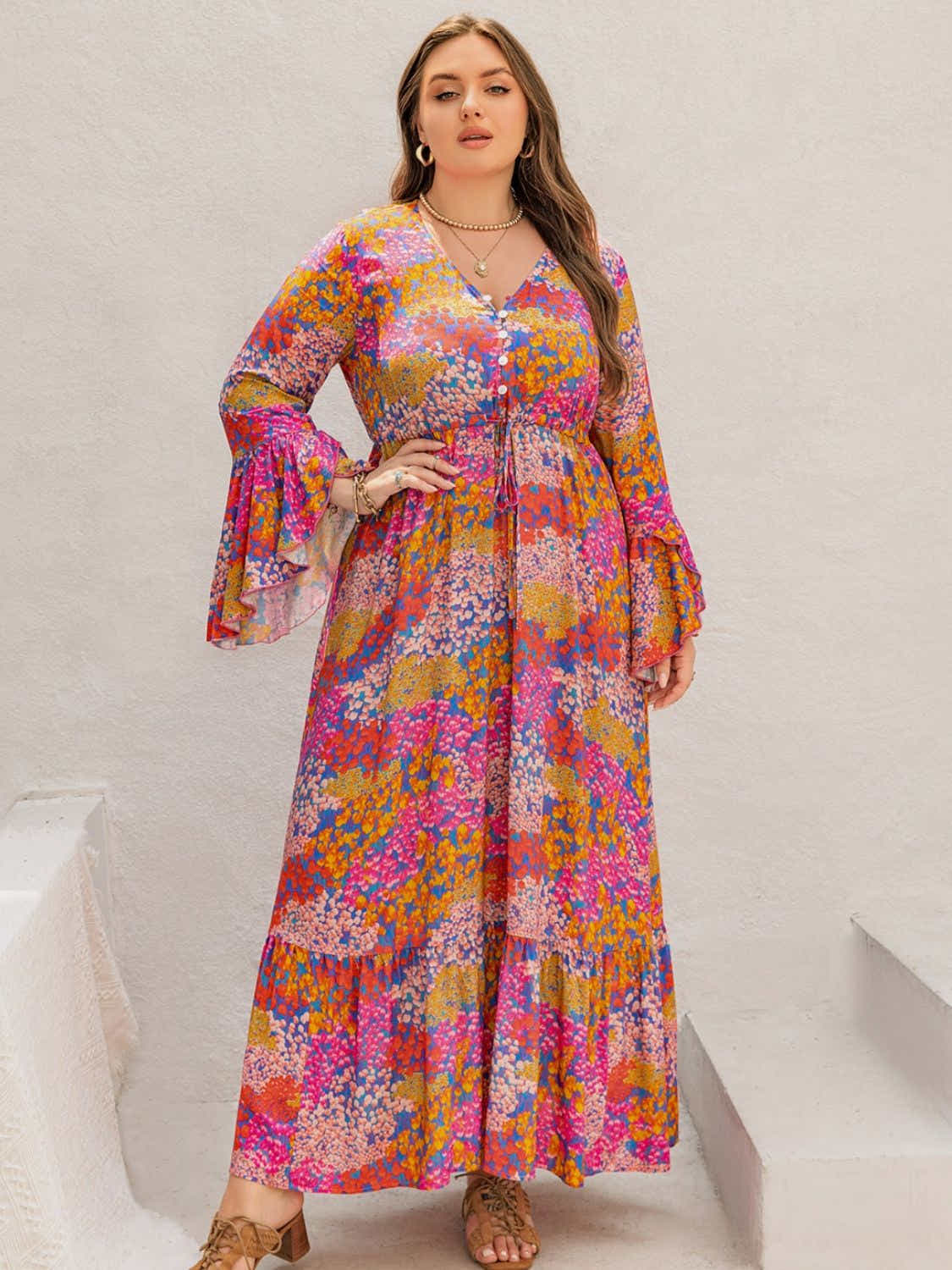 Plus Size Printed V-Neck Long Sleeve Maxi Dress Trendsi