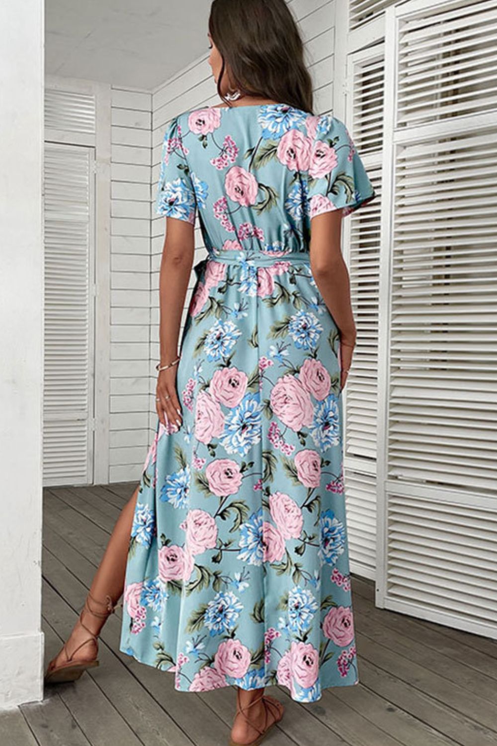Perfee Floral Tie-Waist Slit Surplice Maxi Dress Trendsi