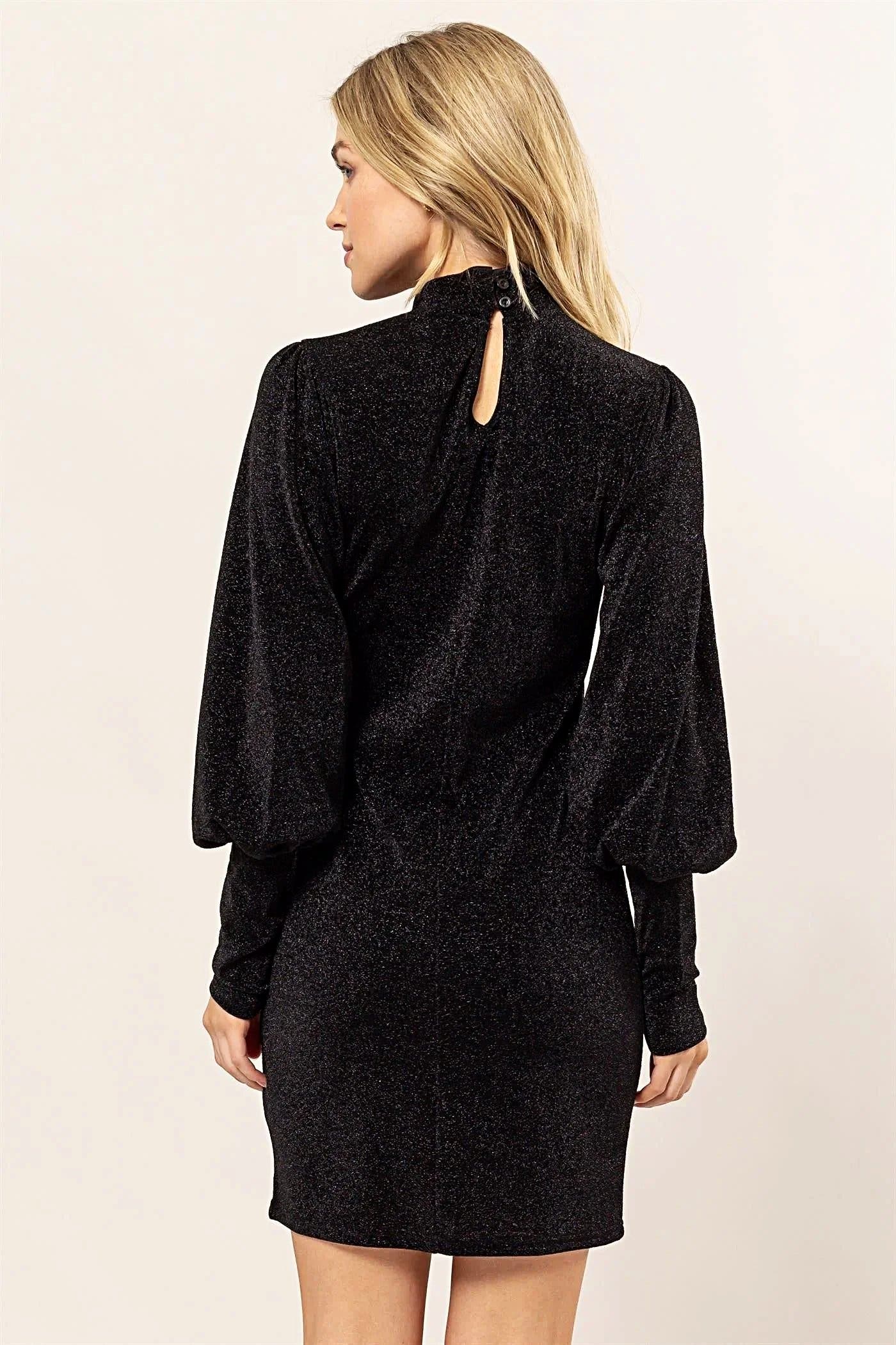 Sparkly Figure-Hugging Dress with Mock Neck, Long Bishop Sleeves, and Chic Keyhole Back Trendsi