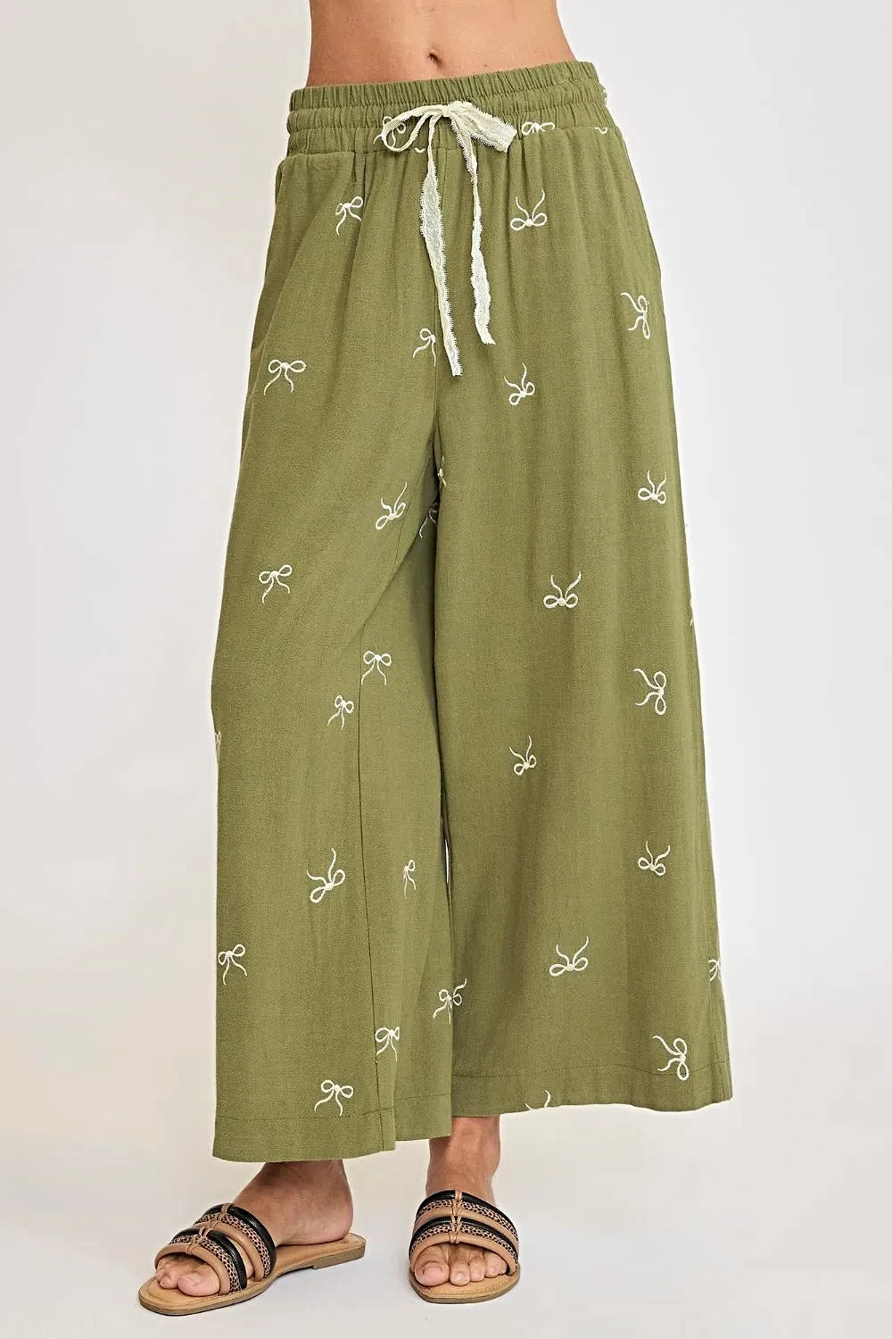 Umgee Full Size Lace Drawstring Embroidered Bow Wide Leg Pants Plus Size -
