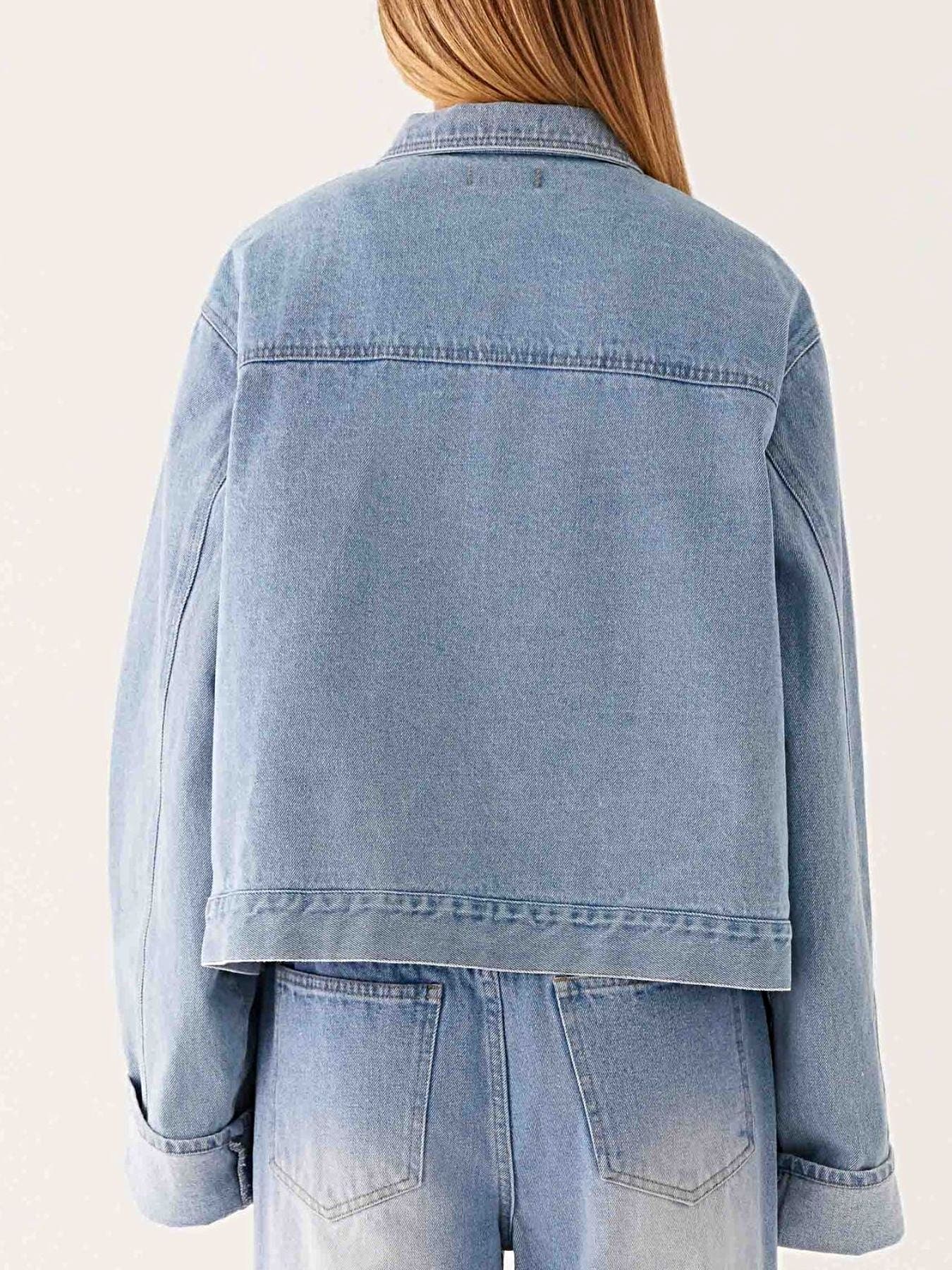 Button Down Cropped Oversized Denim Jacket -