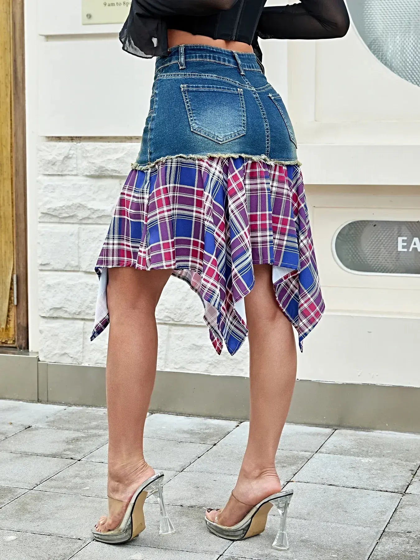Asymmetric Plaid Hem Denim Skirt -