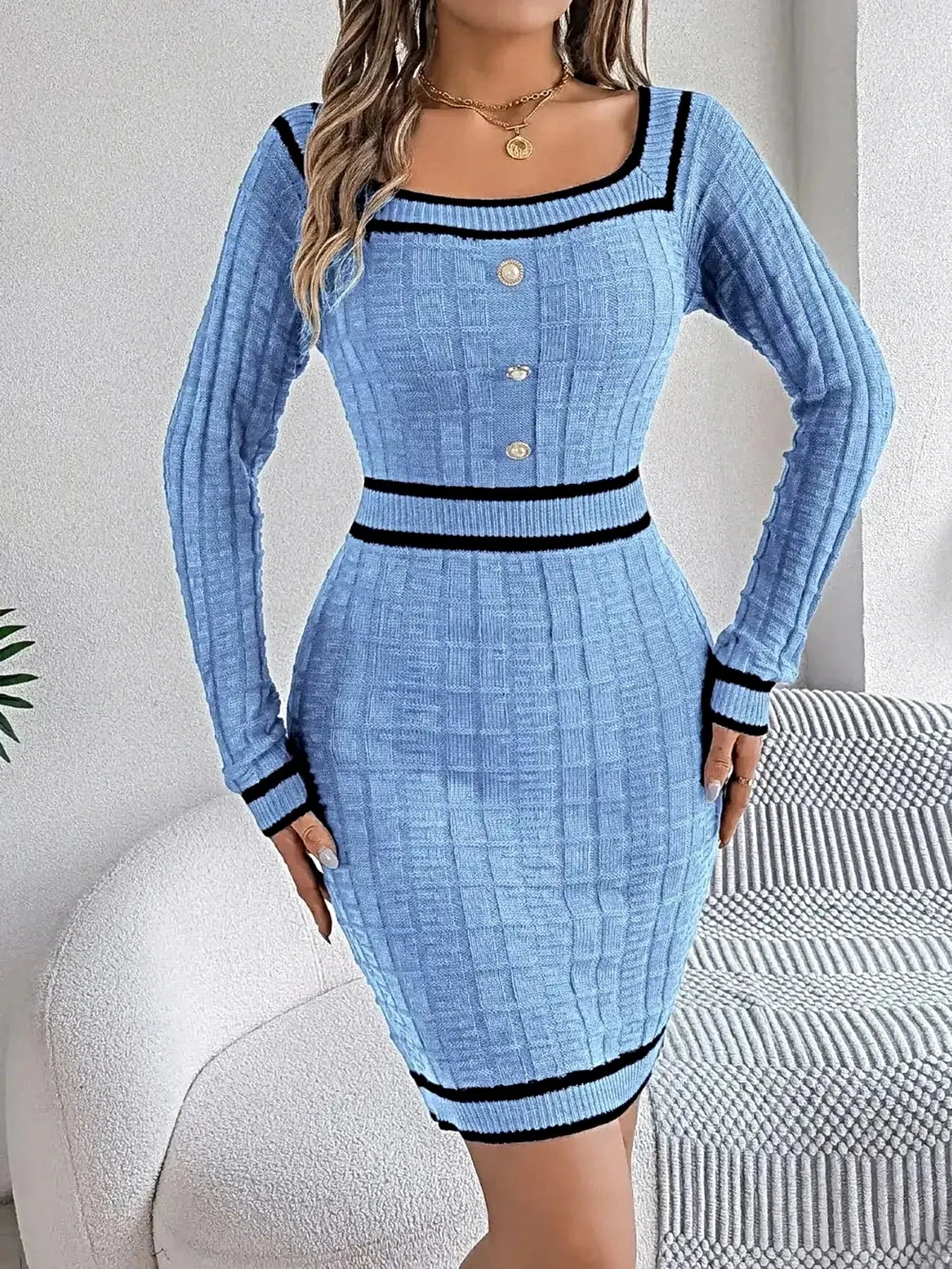 Contrast Trim Long Sleeve Sweater Dress -