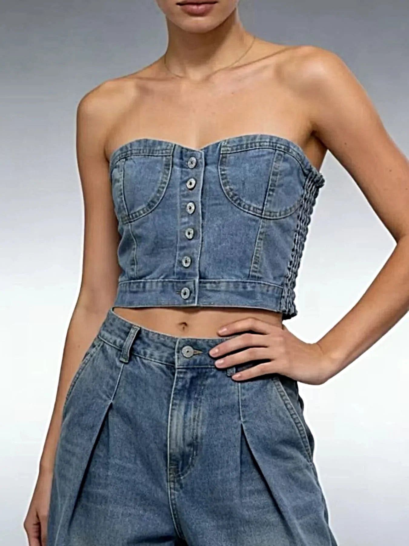 Button-Front Denim Tube Top -