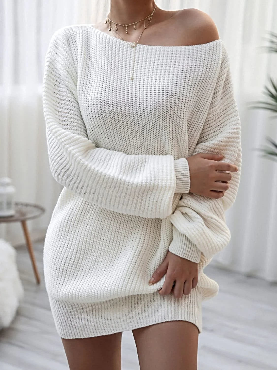 Balloon Sleeve Boat Neck Sweater Mini Dress -