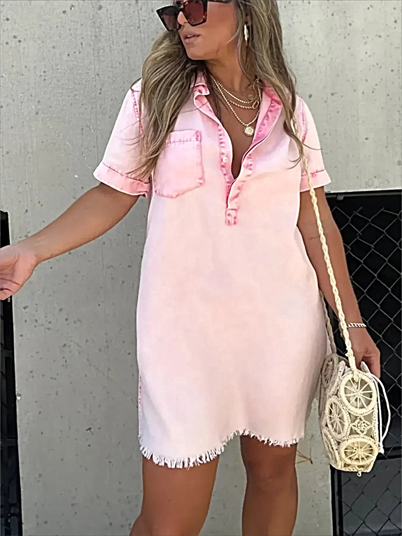 Full Size Raw Hem Short Sleeve Denim Dress Plus Size -