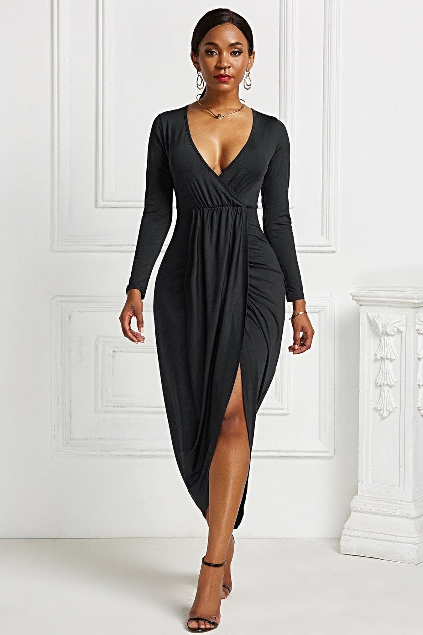 High-low Ruched Surplice Long Sleeve Dress -